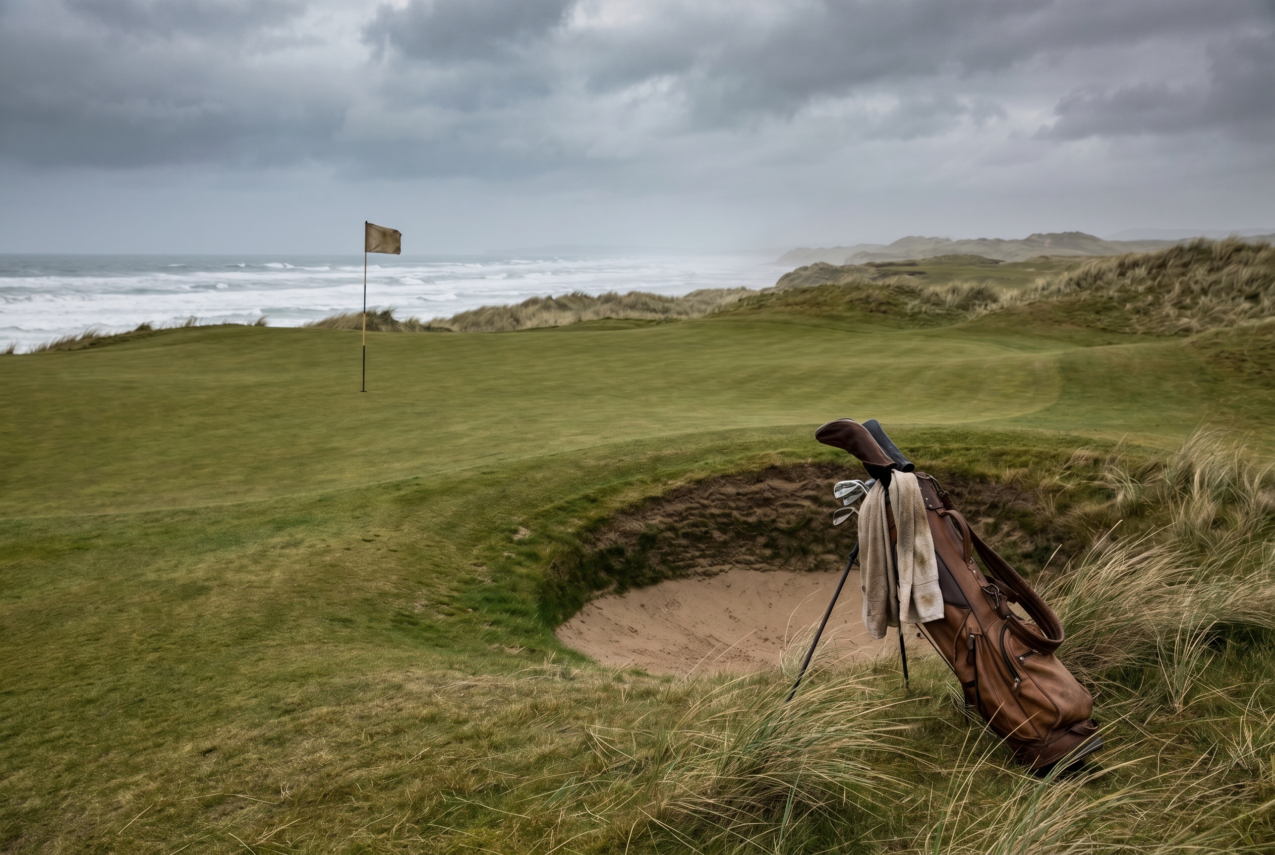 Close editorial golf image of a green and bunker on a coastal links course.