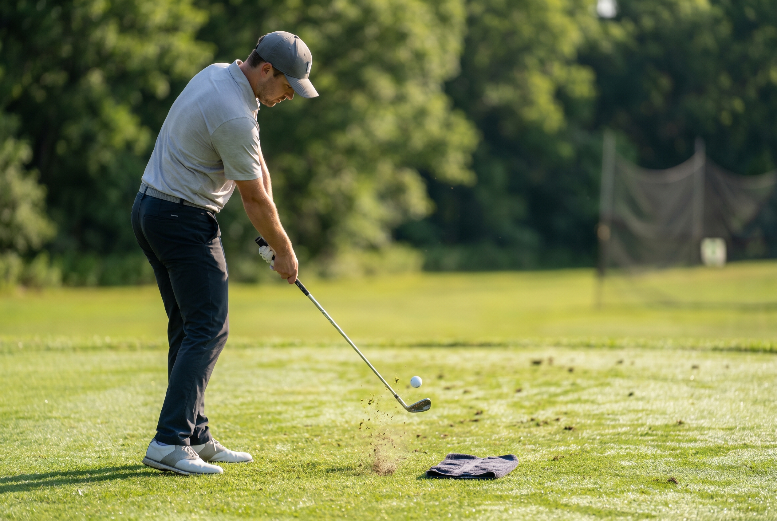 Editorial golf instruction image showing a towel drill behind a golf ball on short grass.