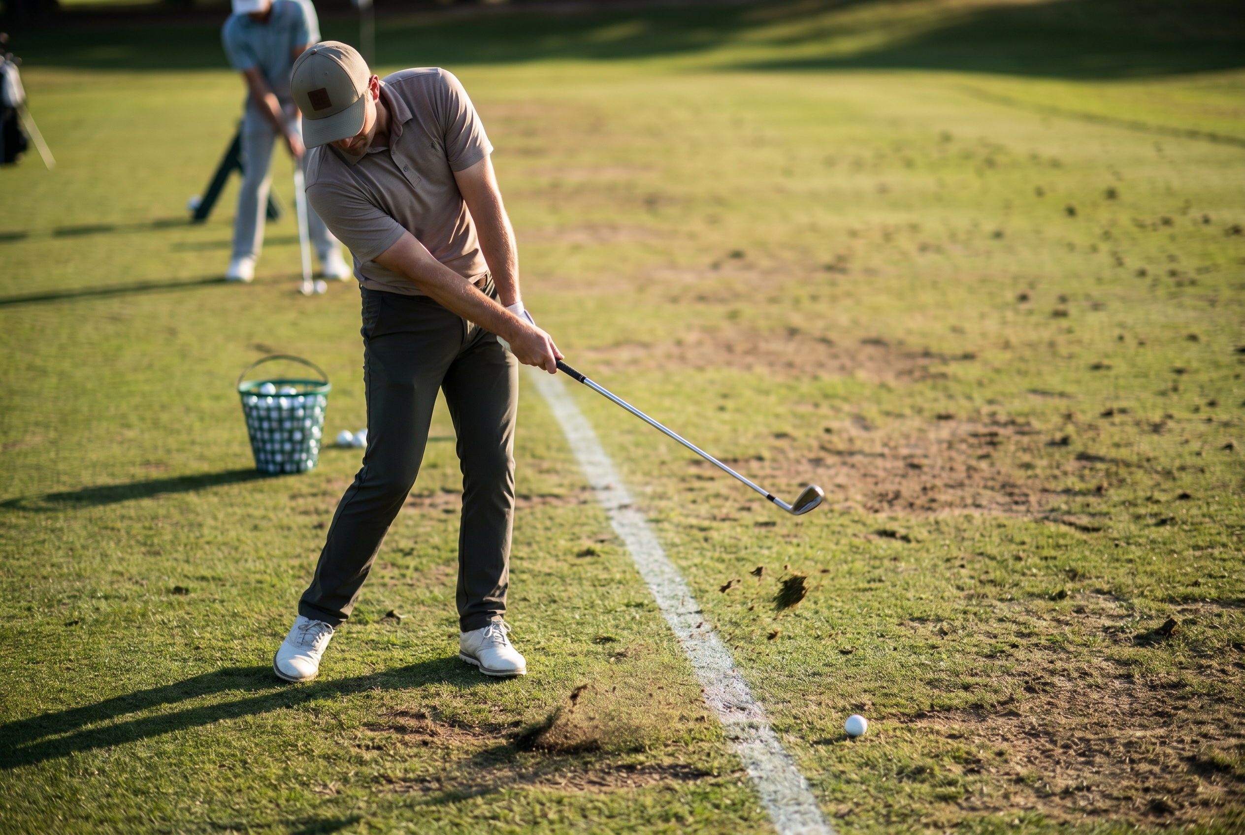 Editorial golf instruction image showing a ball just ahead of a ground line with a divot starting after impact.