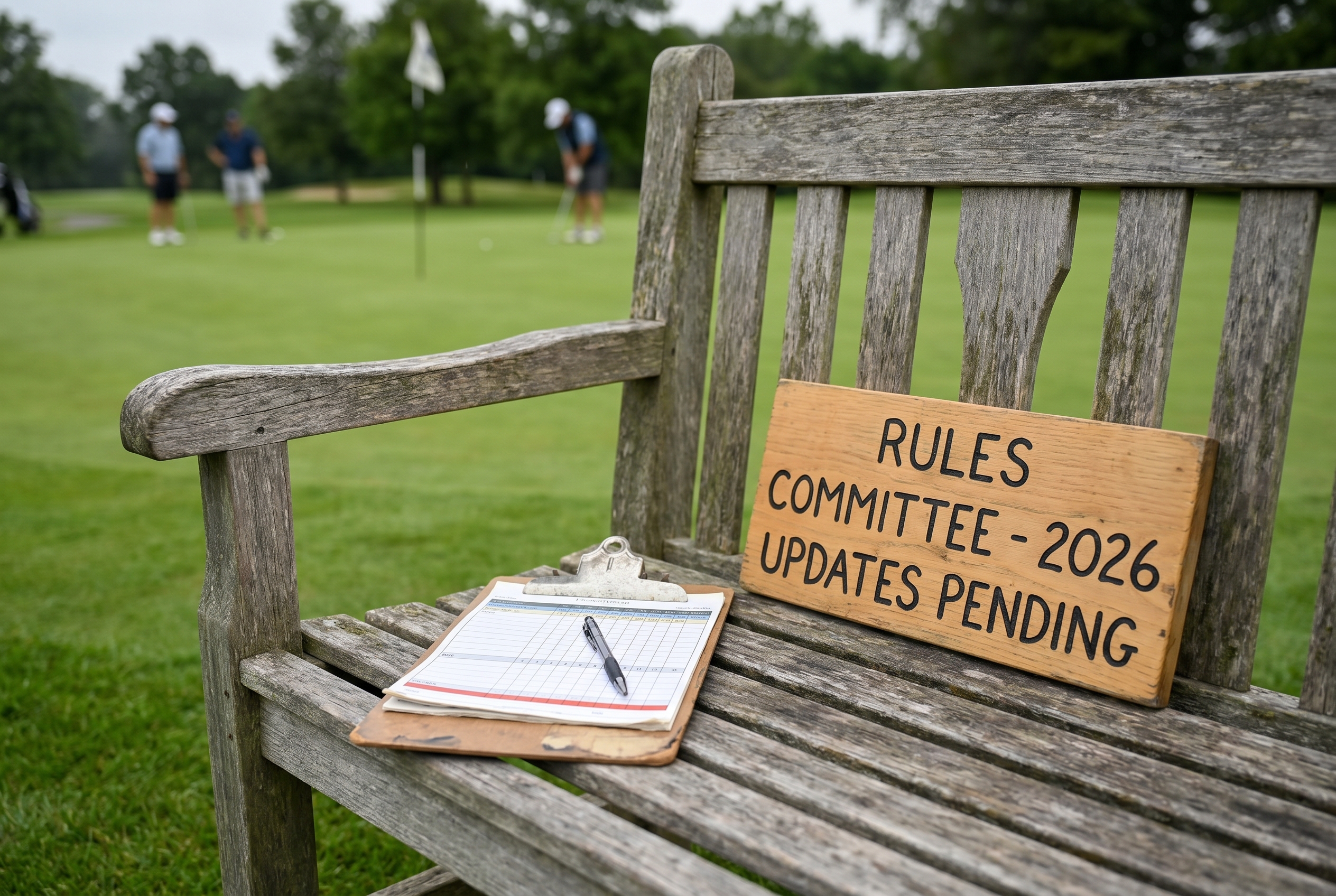 Editorial golf image of a rules committee sign and scorecard near a golf course bench.