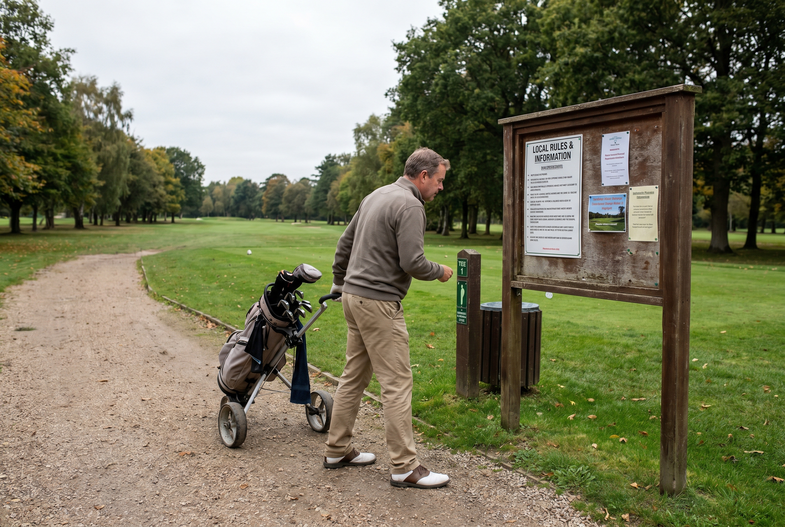 Editorial golf image of a golfer walking with a push cart beside a local rules notice board.