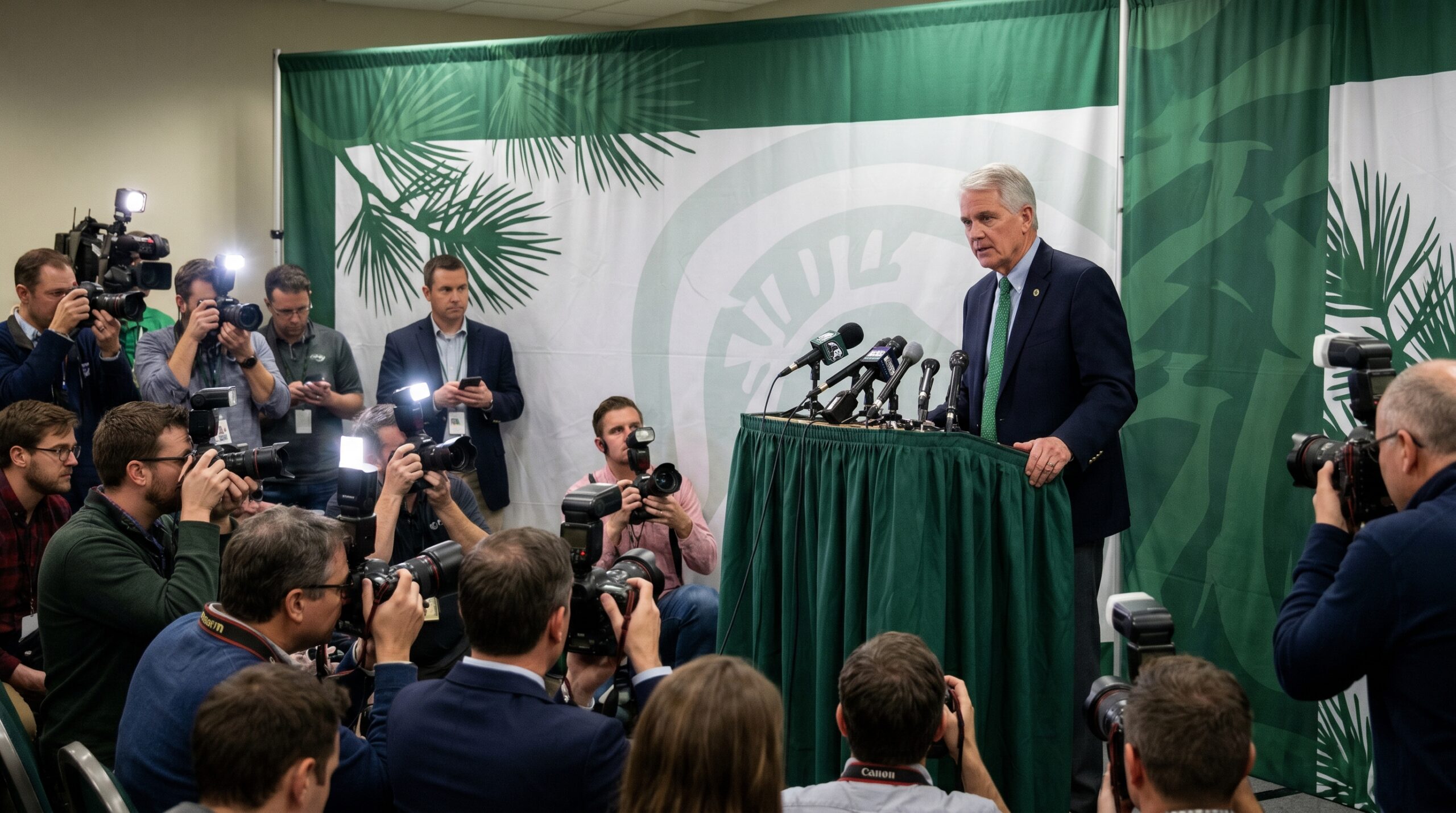 Editorial golf image of a chairman addressing reporters at a press conference