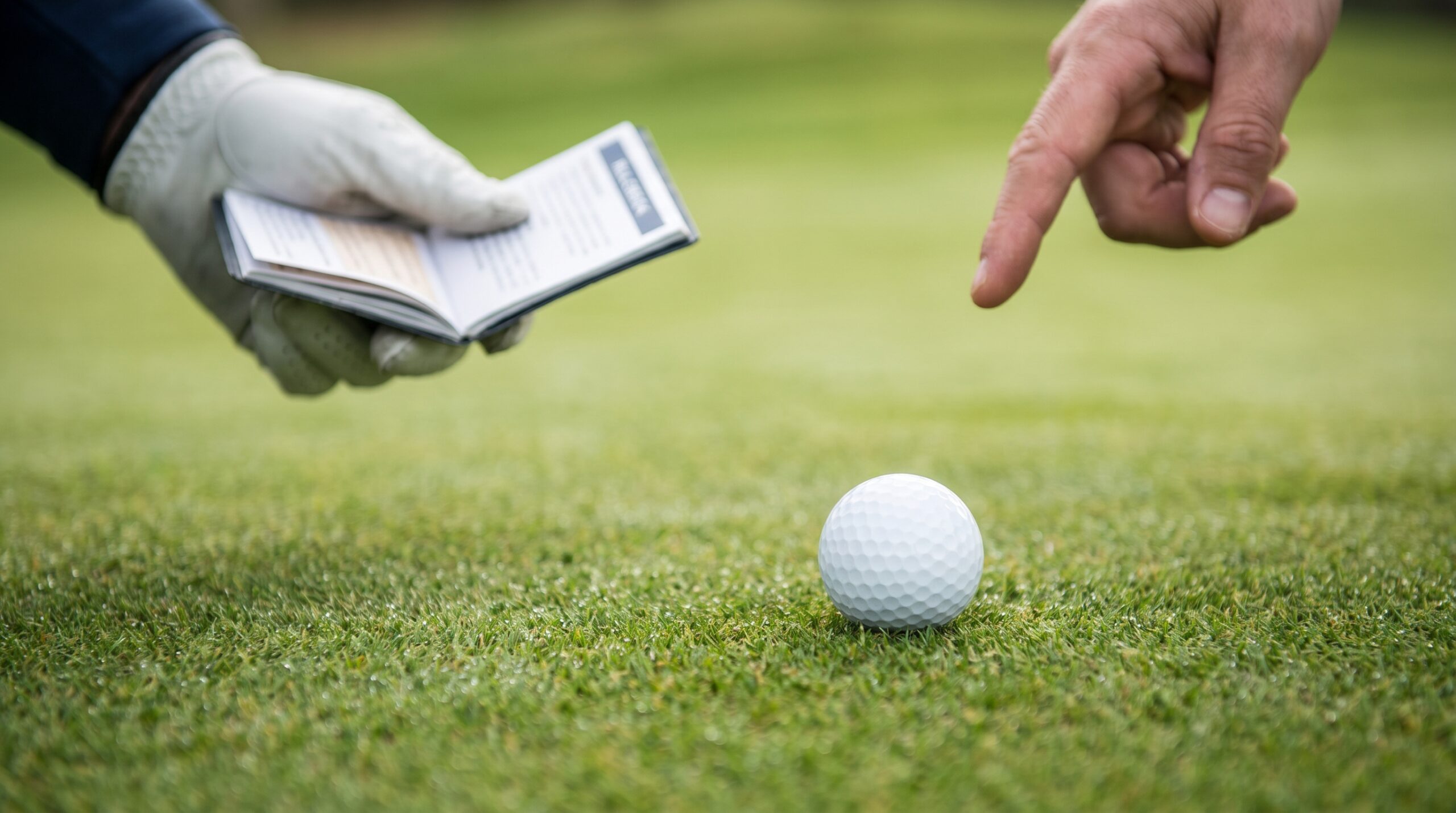 Editorial golf image of a golf ball resting on fairway turf