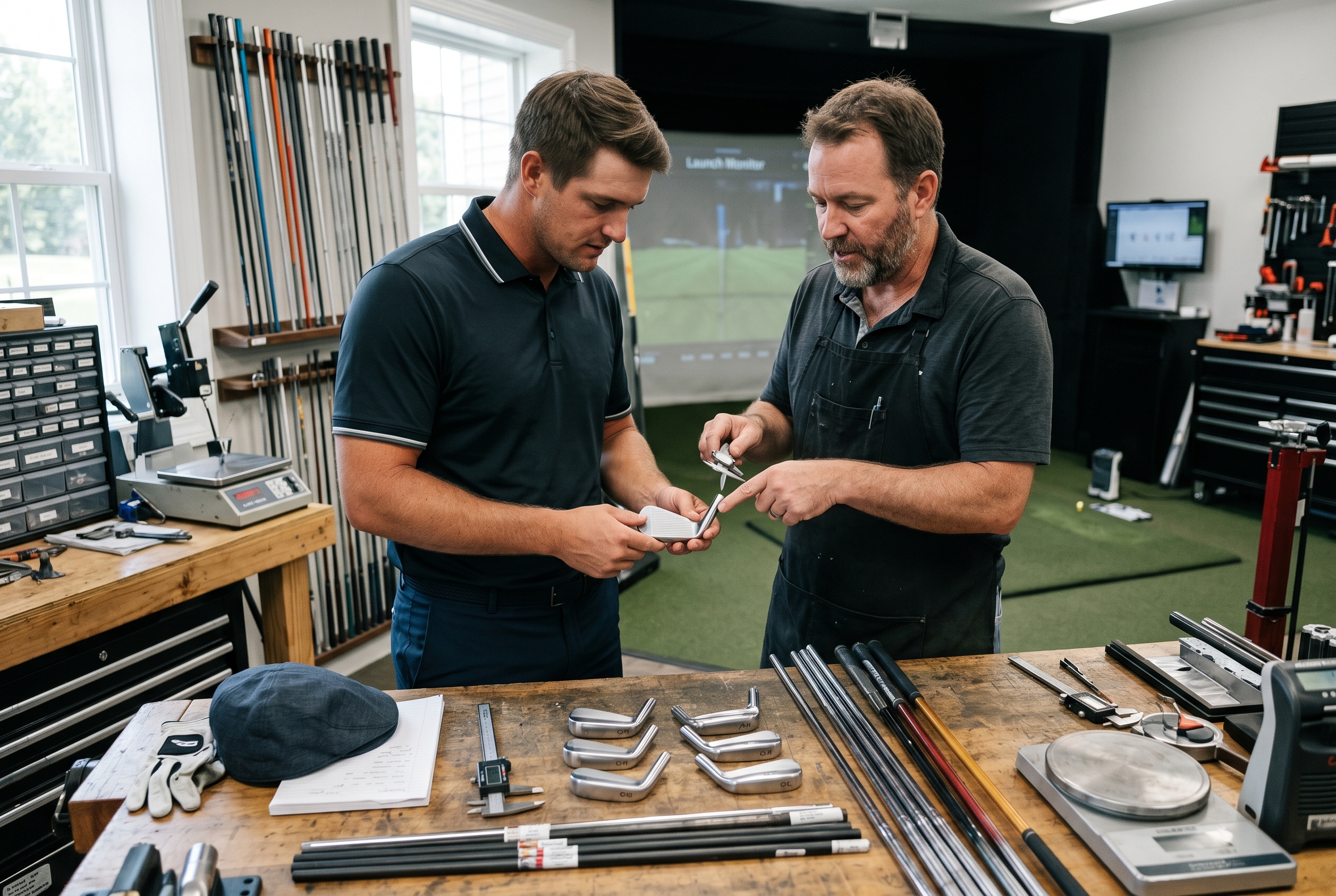 Editorial golf image of a pro golfer reviewing custom irons in a fitting studio.