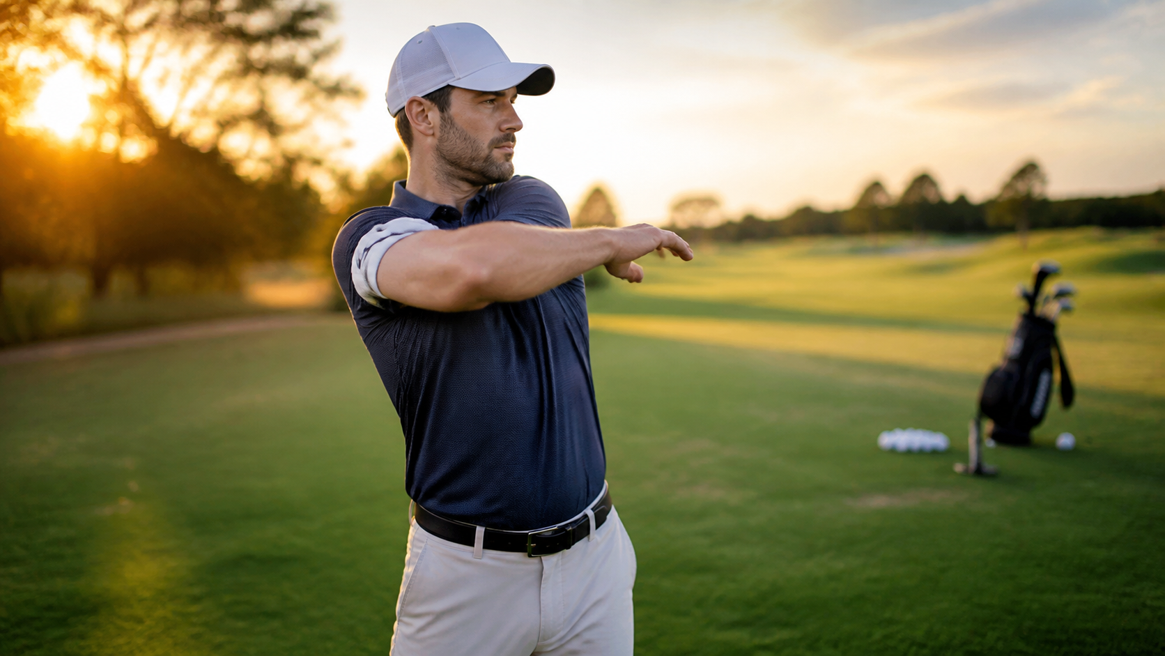 Golfer doing dynamic stretches on the driving range