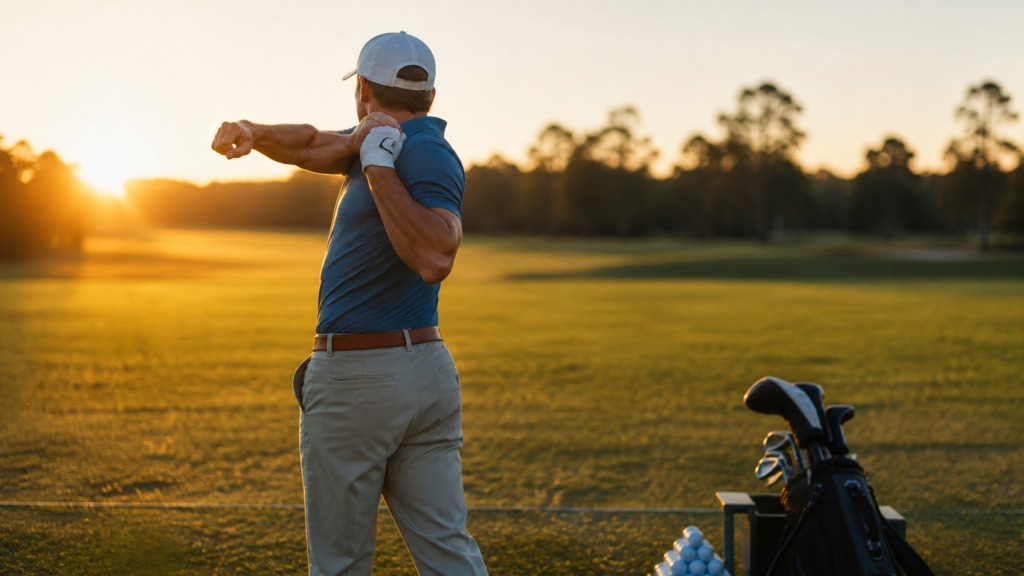 Golfer performing a dynamic torso stretch on a driving range at sunrise