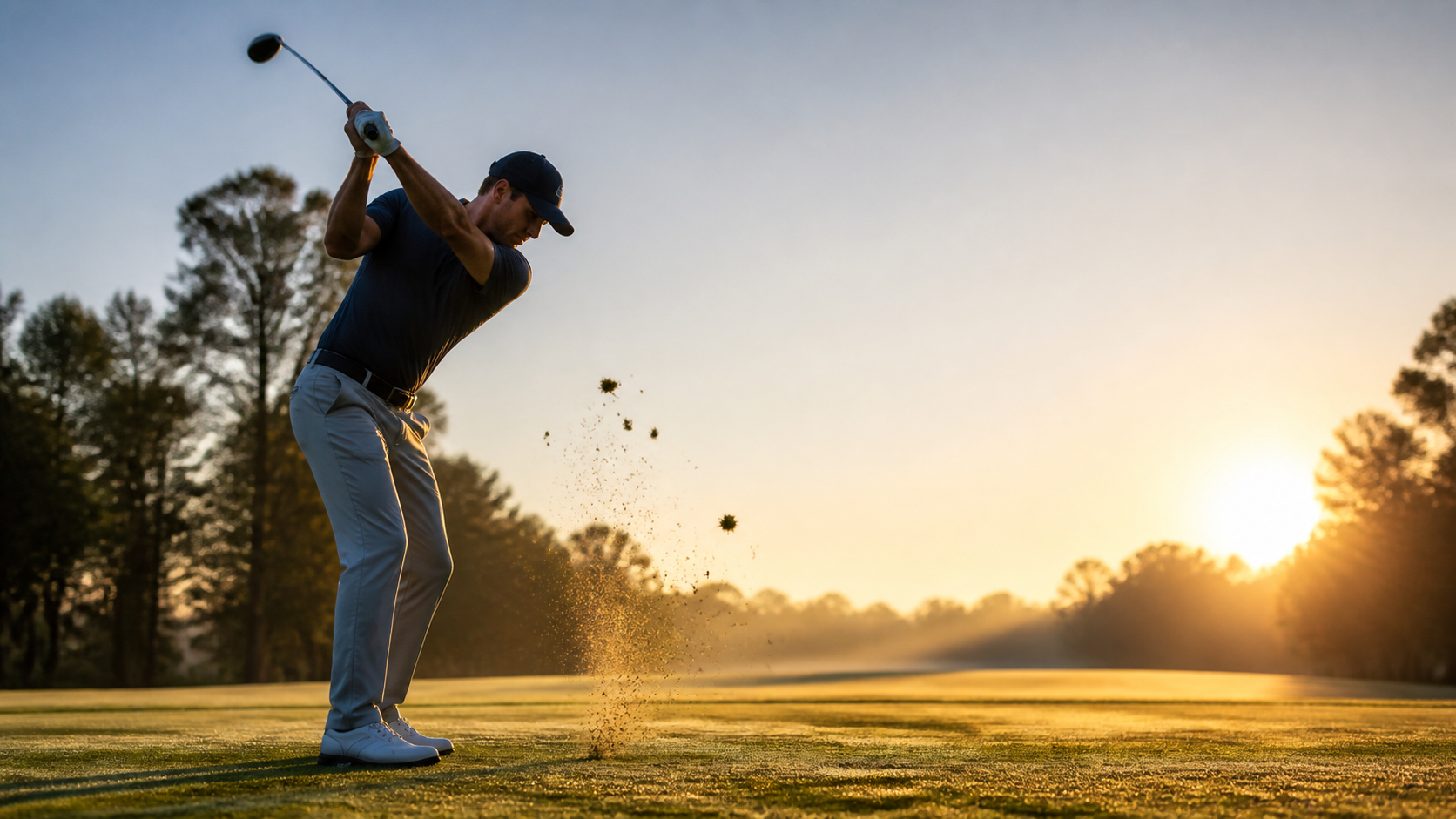 Professional golfer hitting a driver on the range at full speed