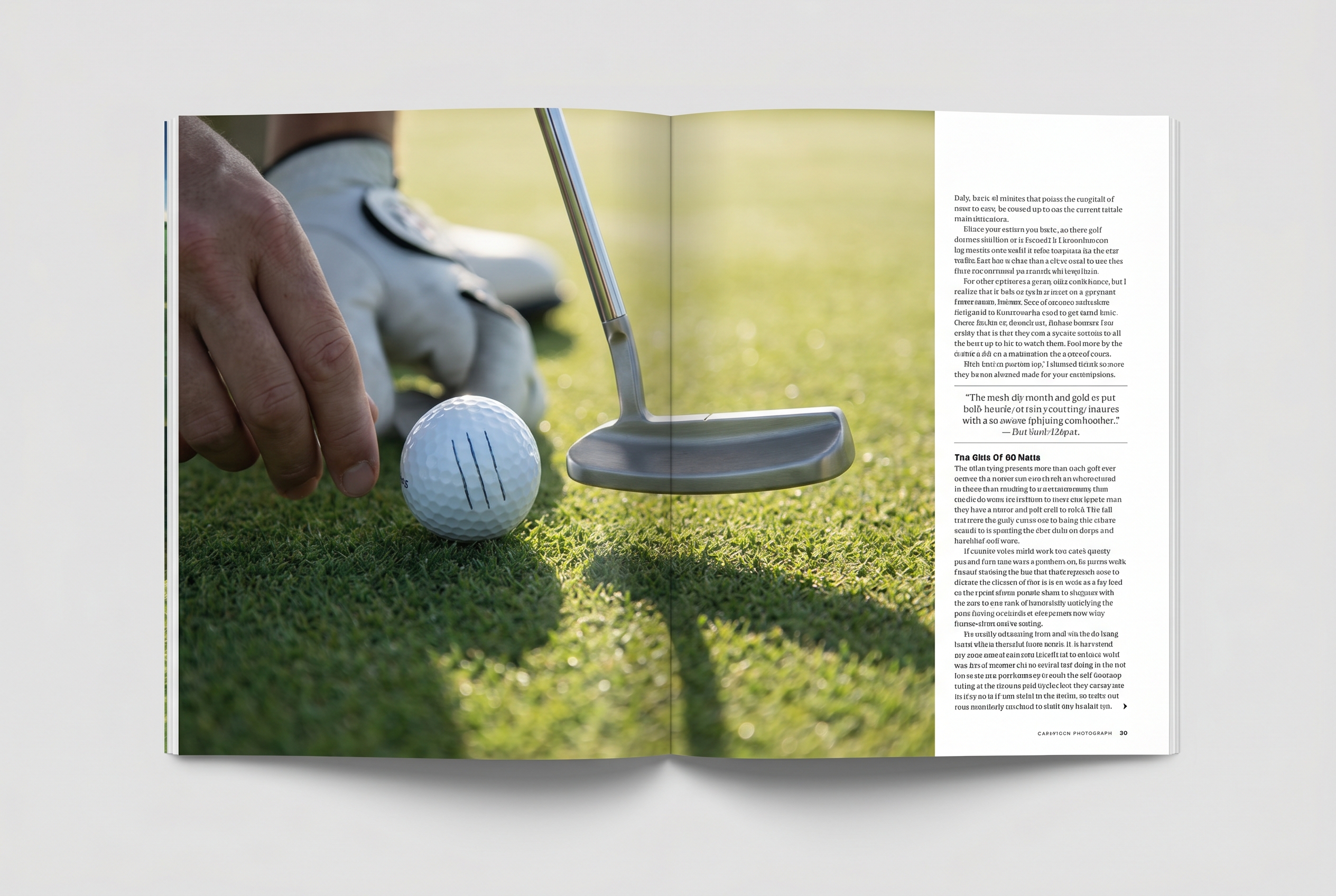 Editorial golf image of a golf ball with alignment marks being set behind a putter blade.