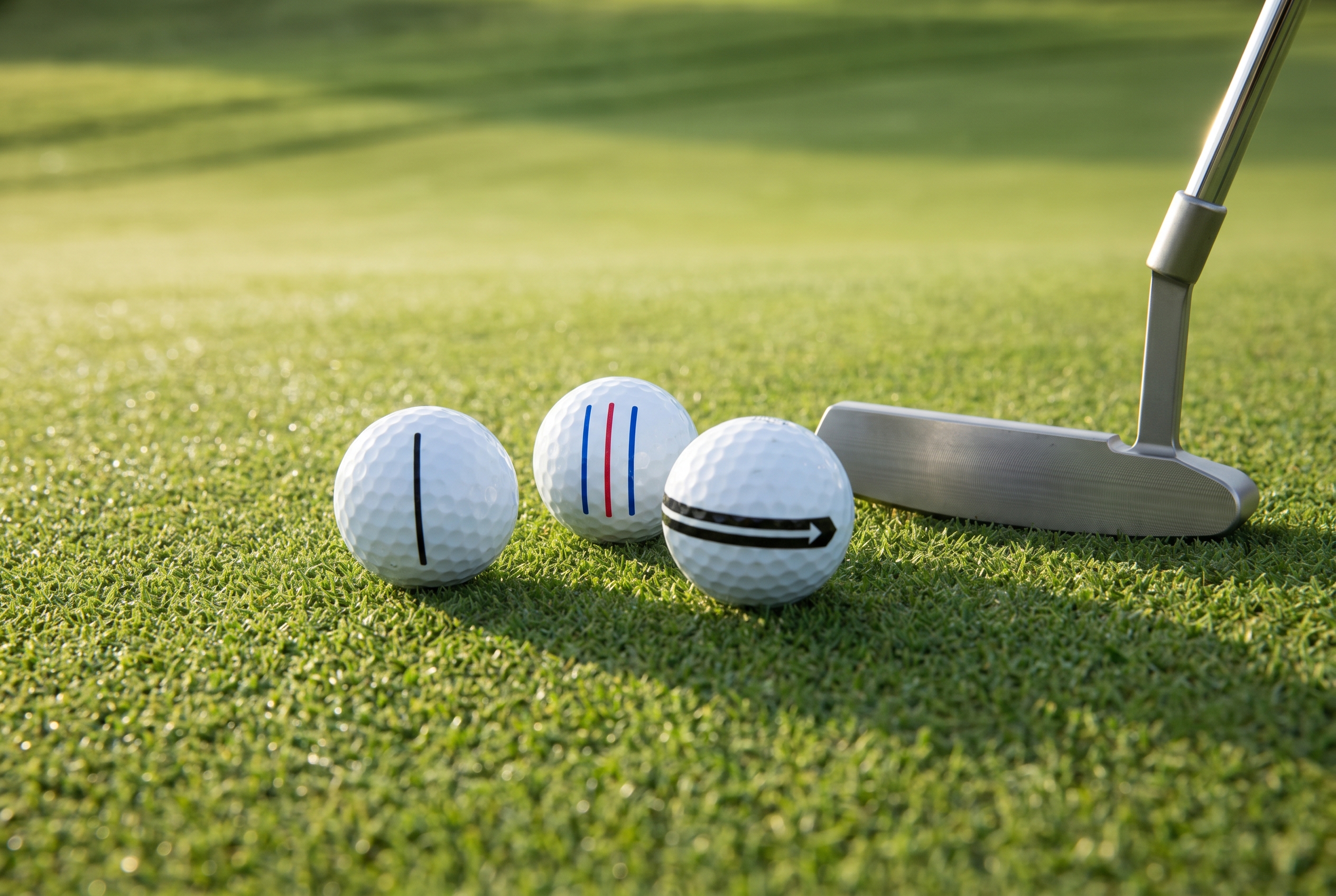 Editorial golf image comparing different alignment-mark styles on golf balls beside a putter.