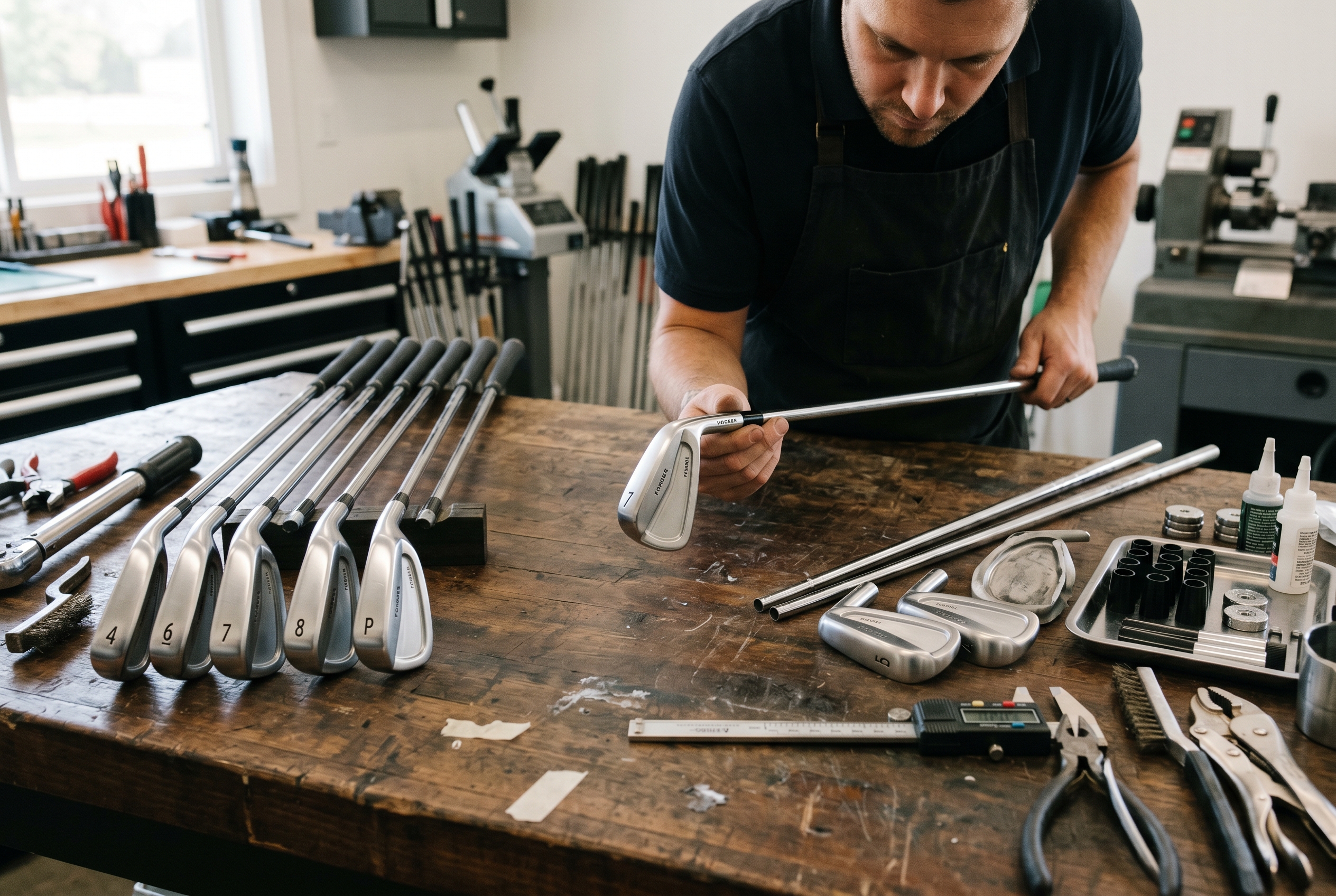 Editorial golf image of custom club components and assembled irons on a workbench.