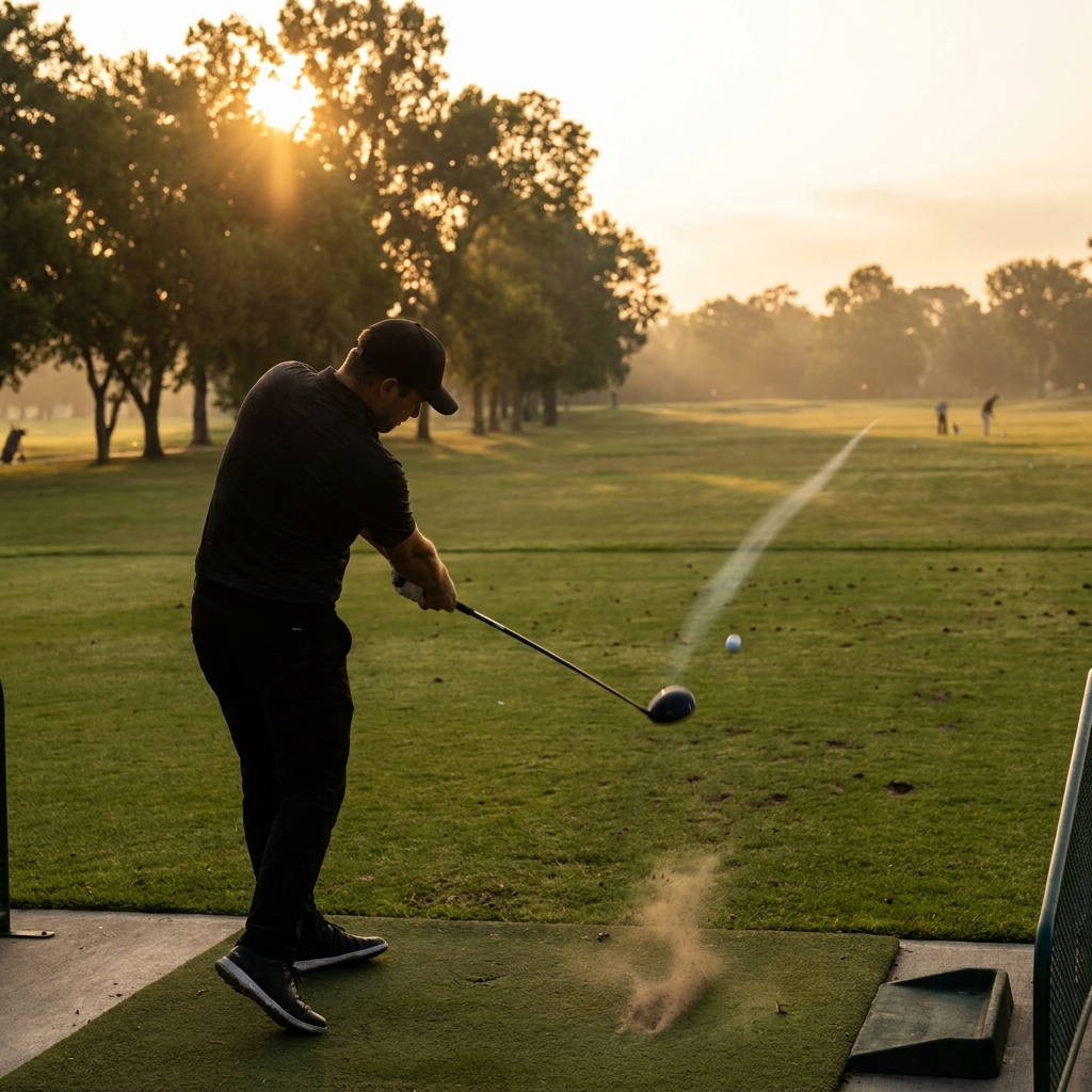 Editorial golf image of a golfer in mid-swing on a driving range