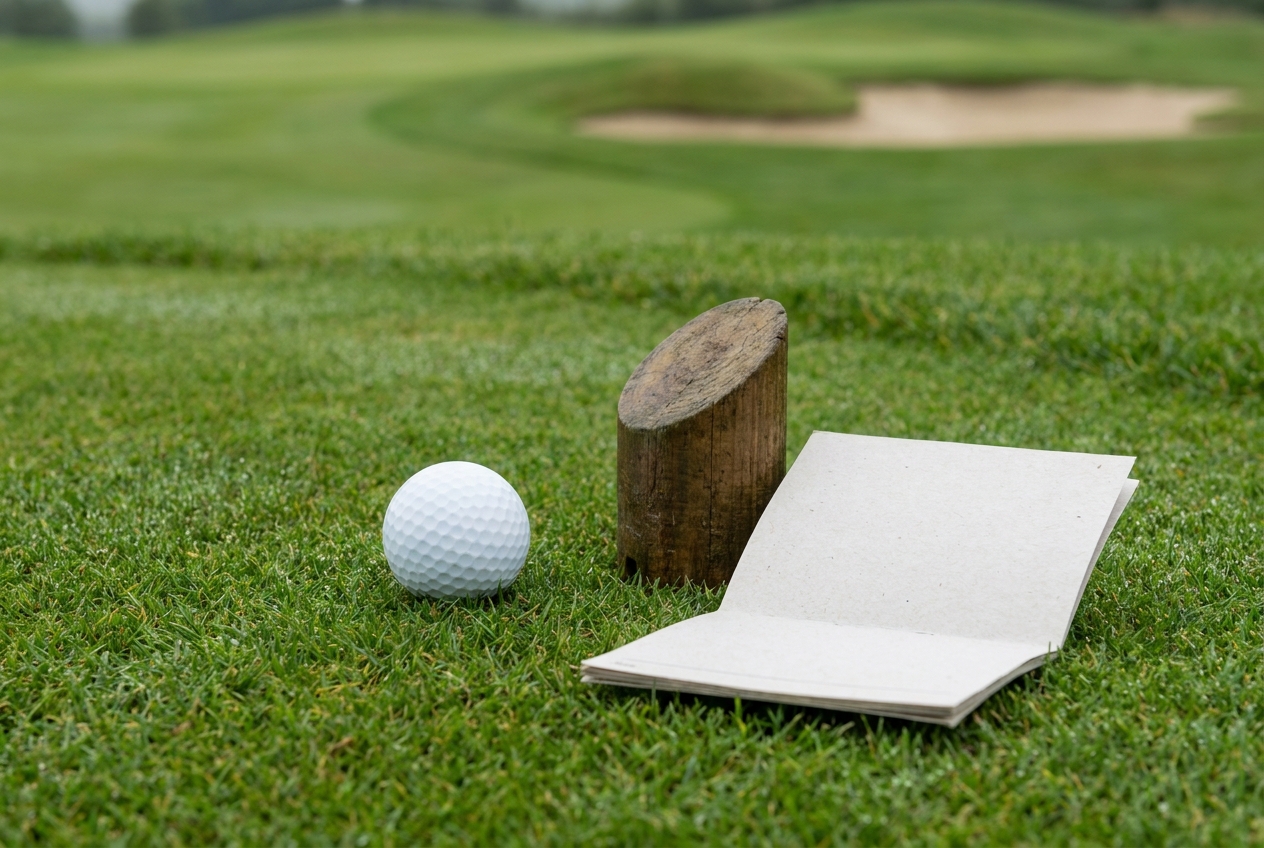 Editorial golf image of a golf ball beside a tee marker and scorecard