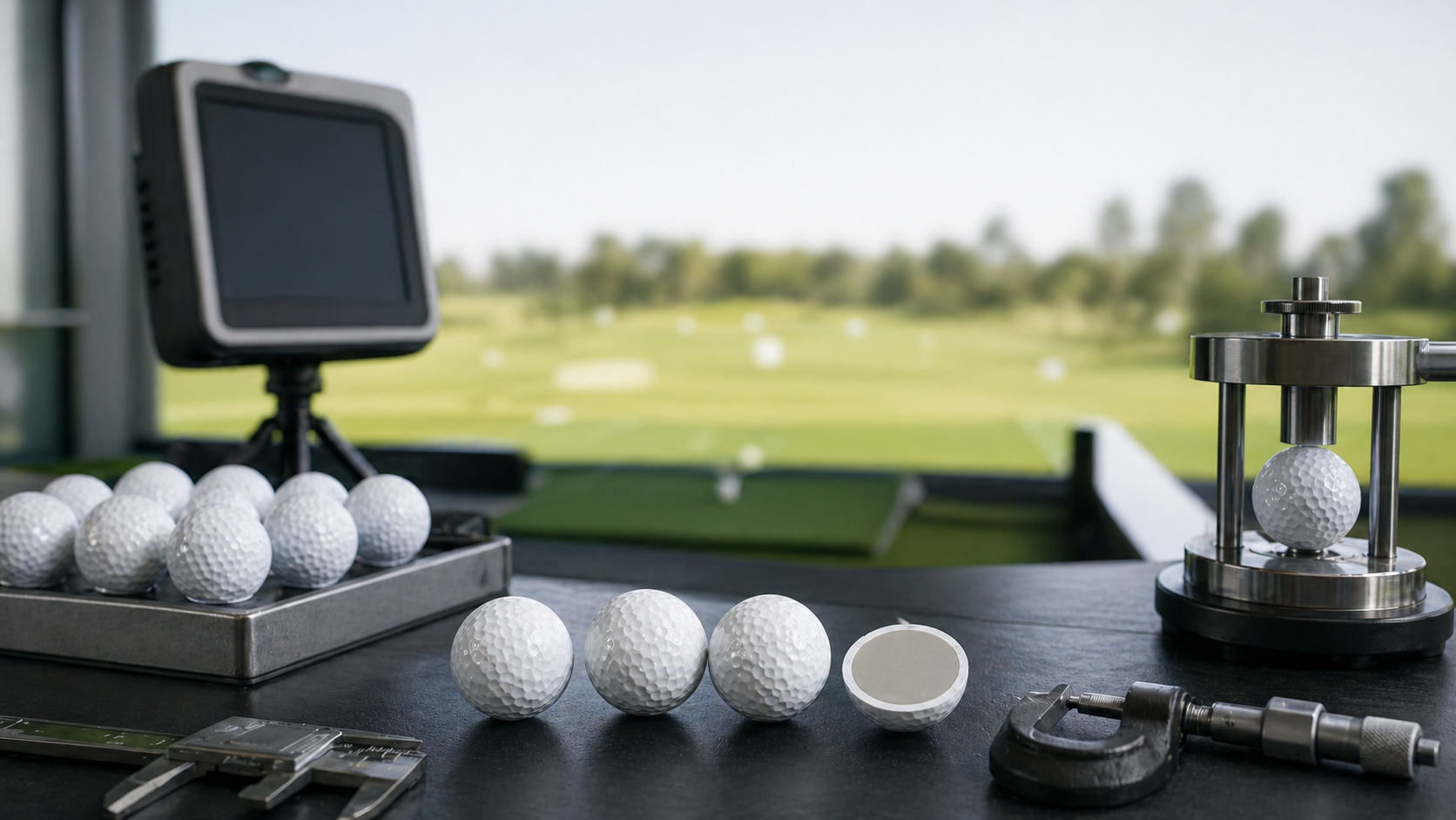 Unbranded golf balls on an equipment testing bench
