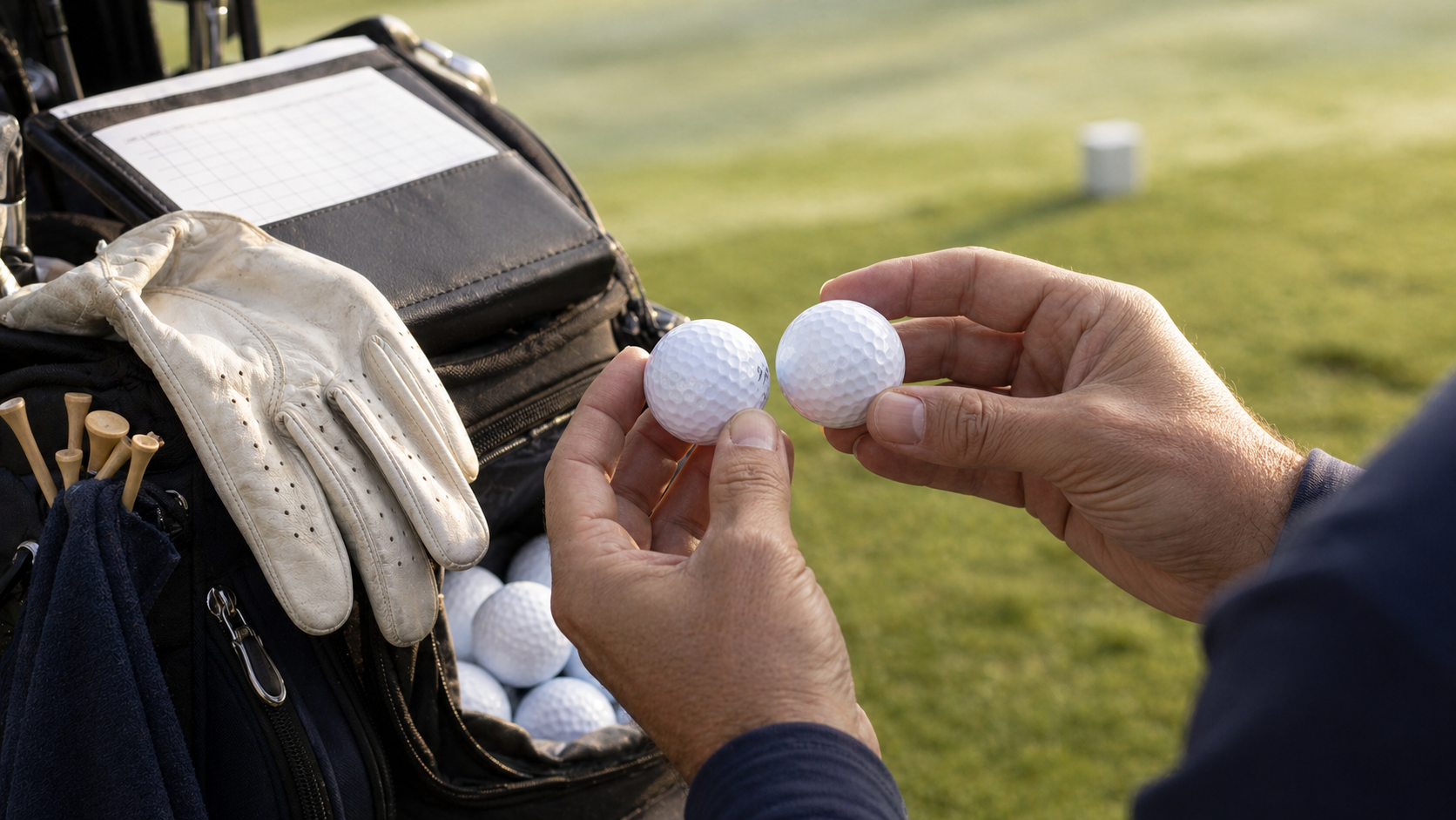 Golfer comparing two unbranded golf balls before a round
