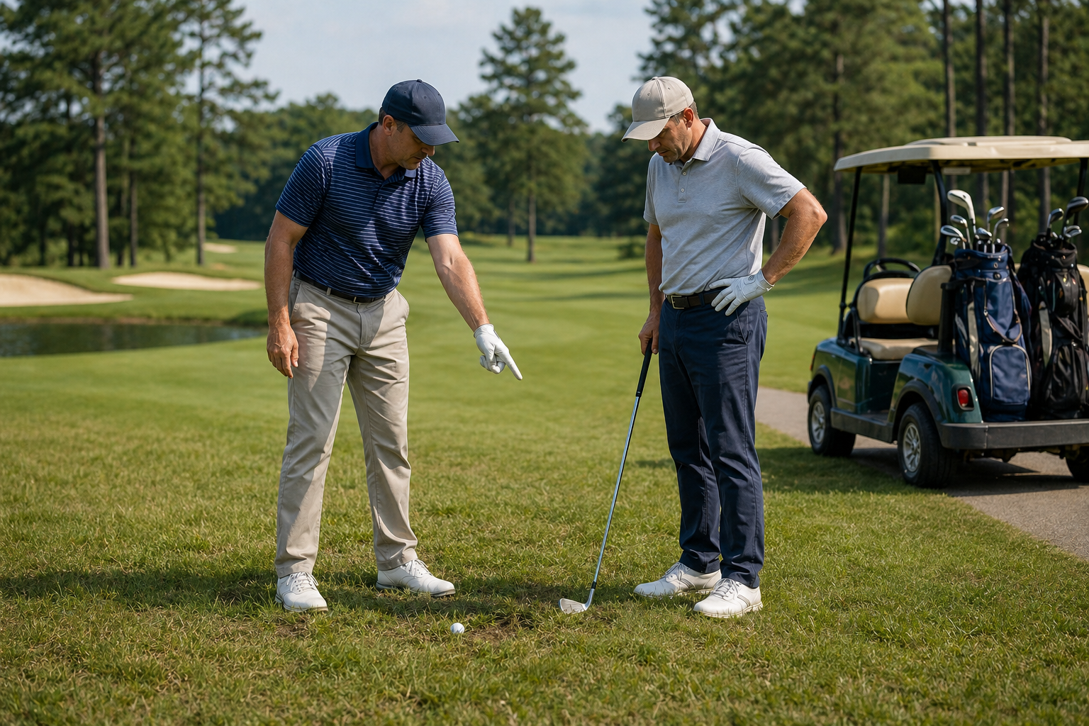 Golfers discussing a rules question near the fairway
