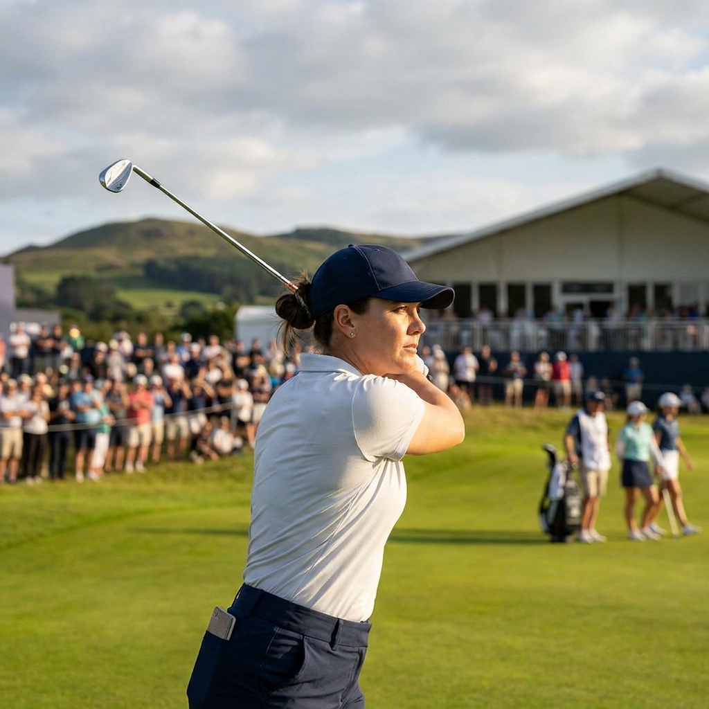 A female professional golfer walking toward a tee box ahead of a major week