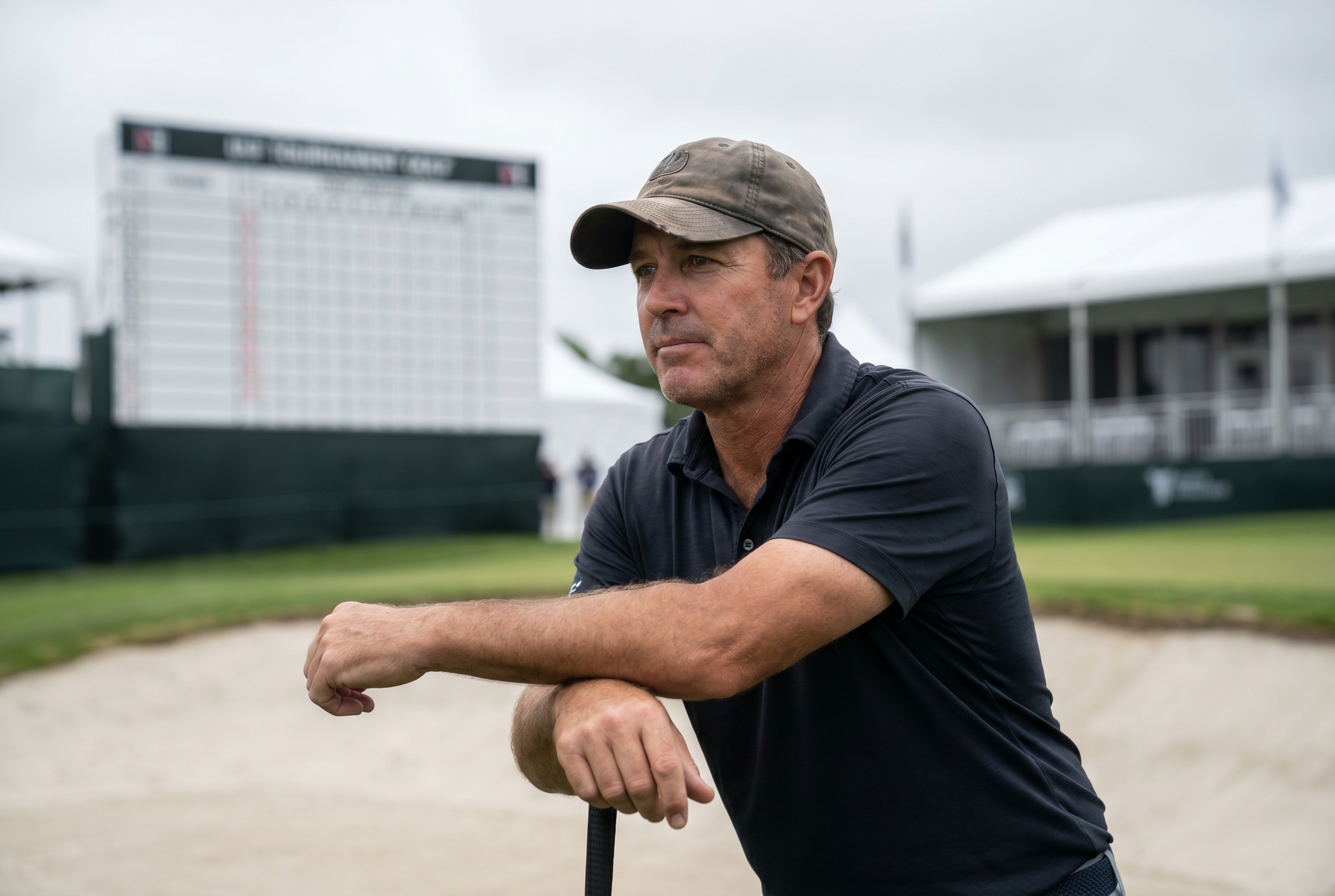 Editorial golf image of a pro golfer in a practice area with a quiet, uncertain event backdrop