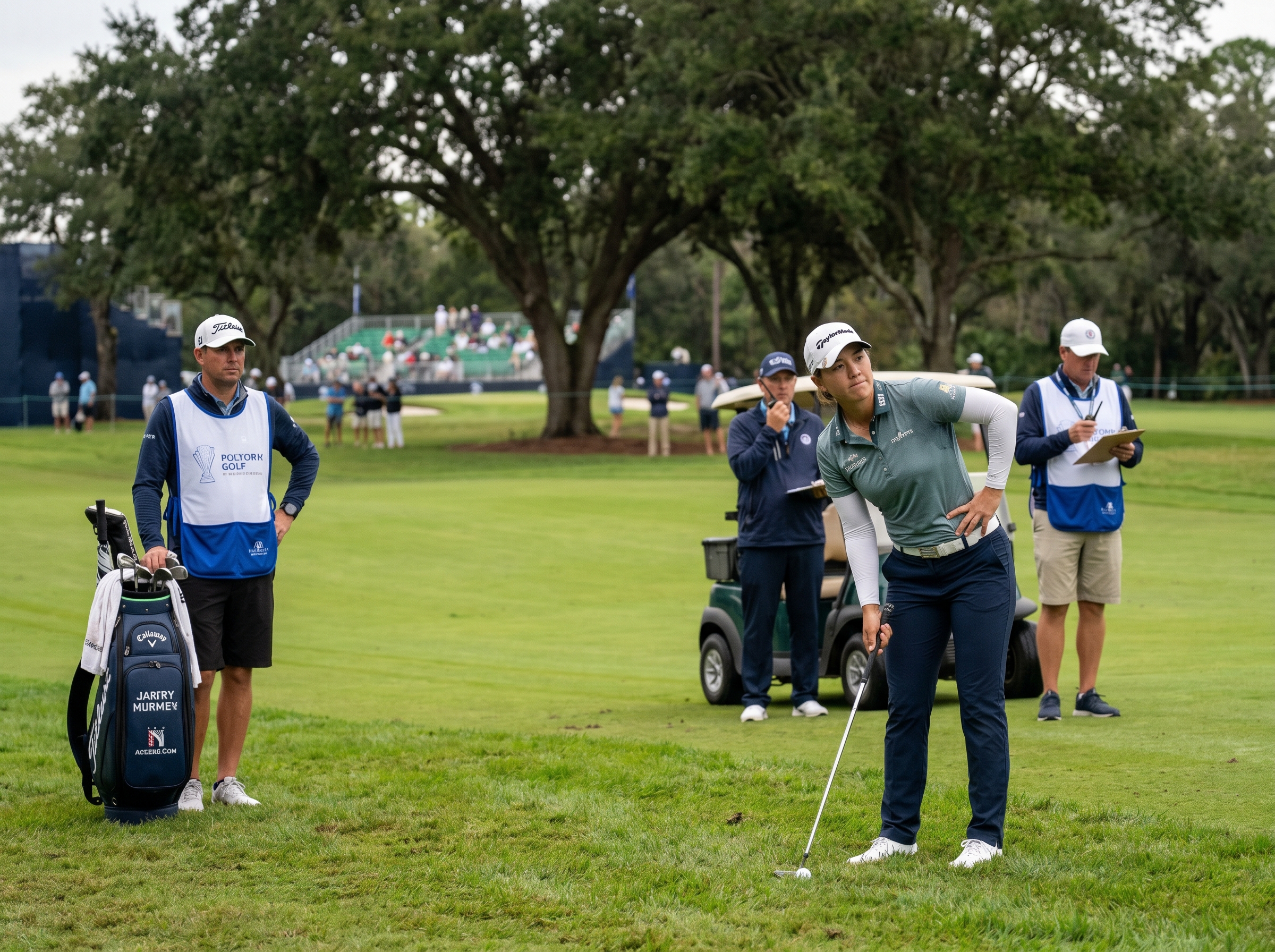 Editorial golf image of an LPGA player waiting over a pressure shot while officials and a caddie watch.