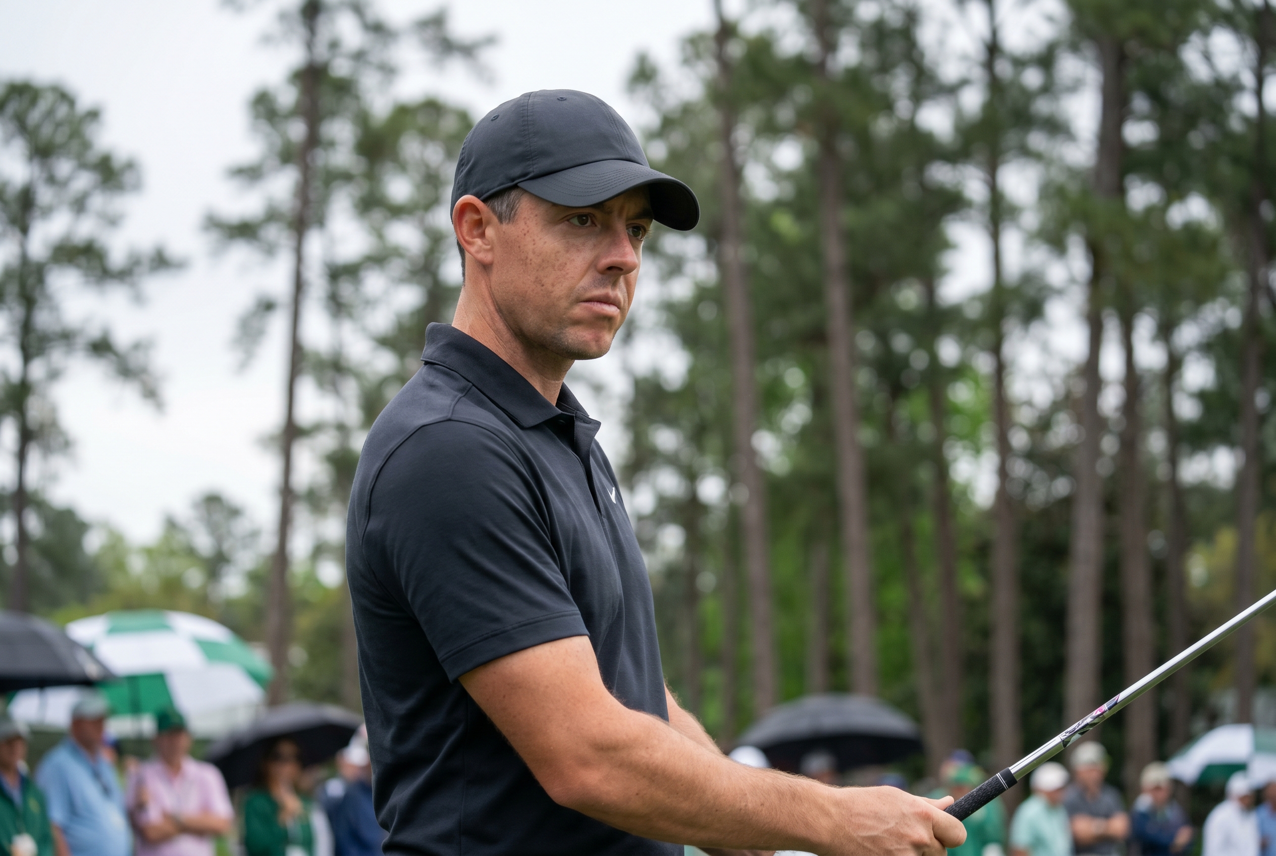 Editorial golf image of a focused pro golfer on the Augusta National practice range.