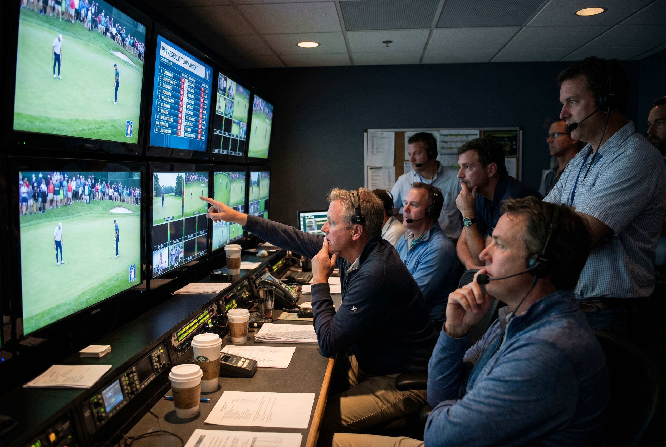Editorial golf image of a television crew monitoring a live golf broadcast in a control room.