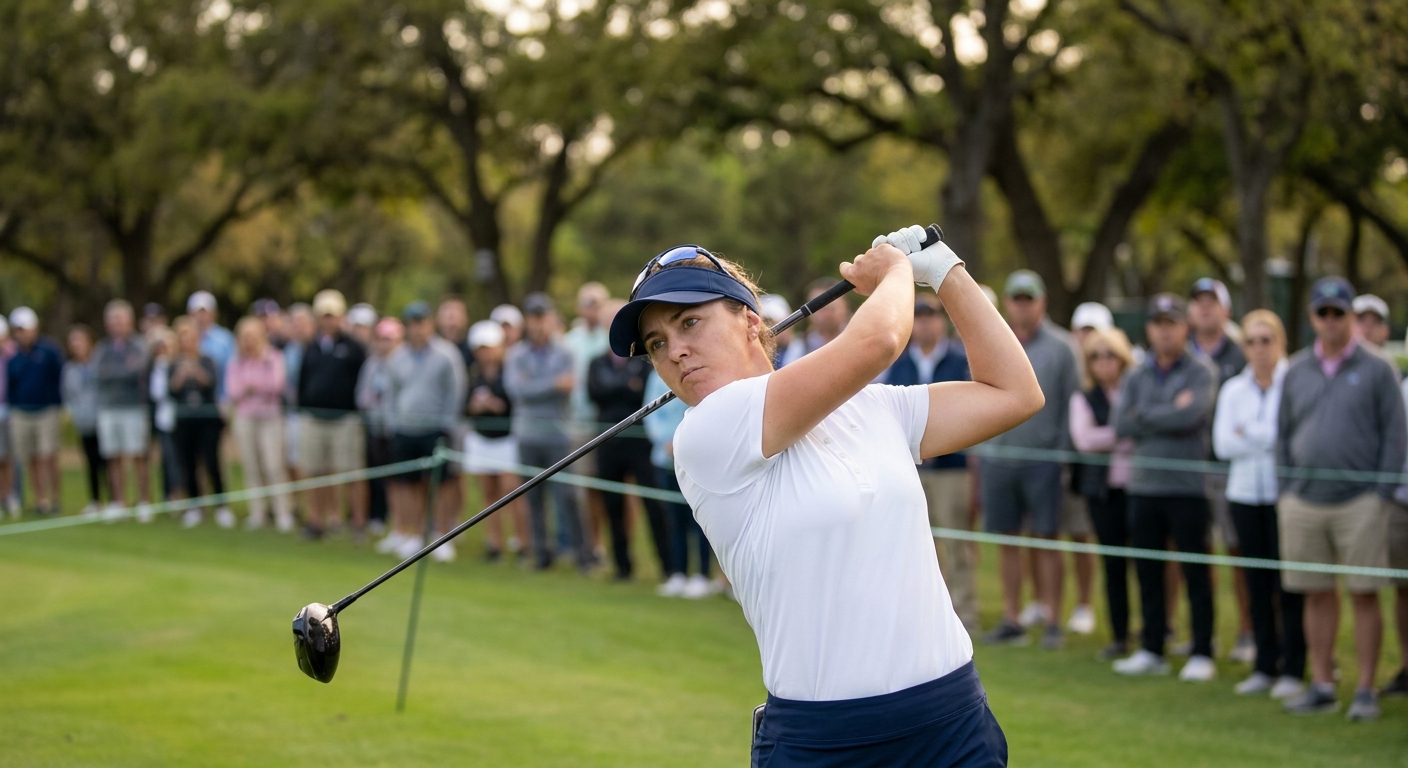 Editorial golf image of a focused women’s pro golfer in a tournament fairway scene.