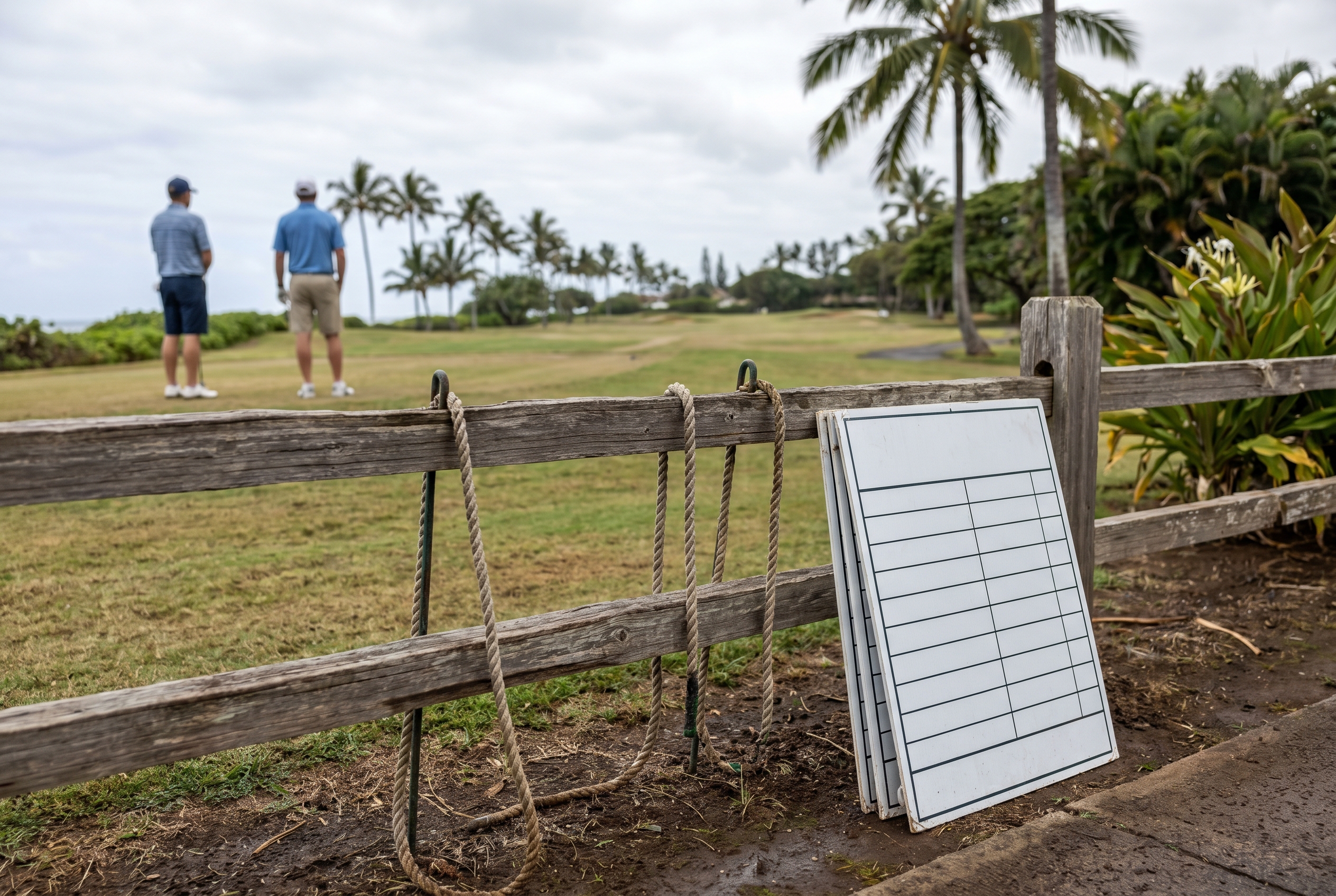Editorial golf image of a quiet tournament entrance at a Hawaiian course.