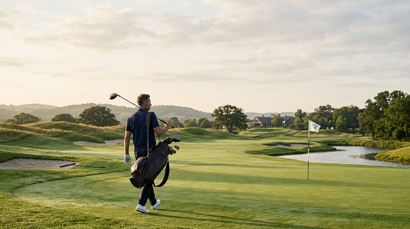 Professional golfer walking across a fairway toward a clubhouse at golden hour