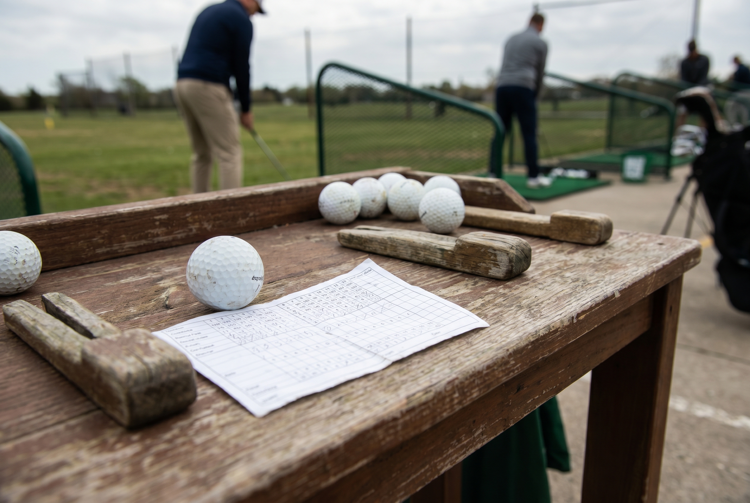 Editorial golf image of golf balls and tee markers on a practice table