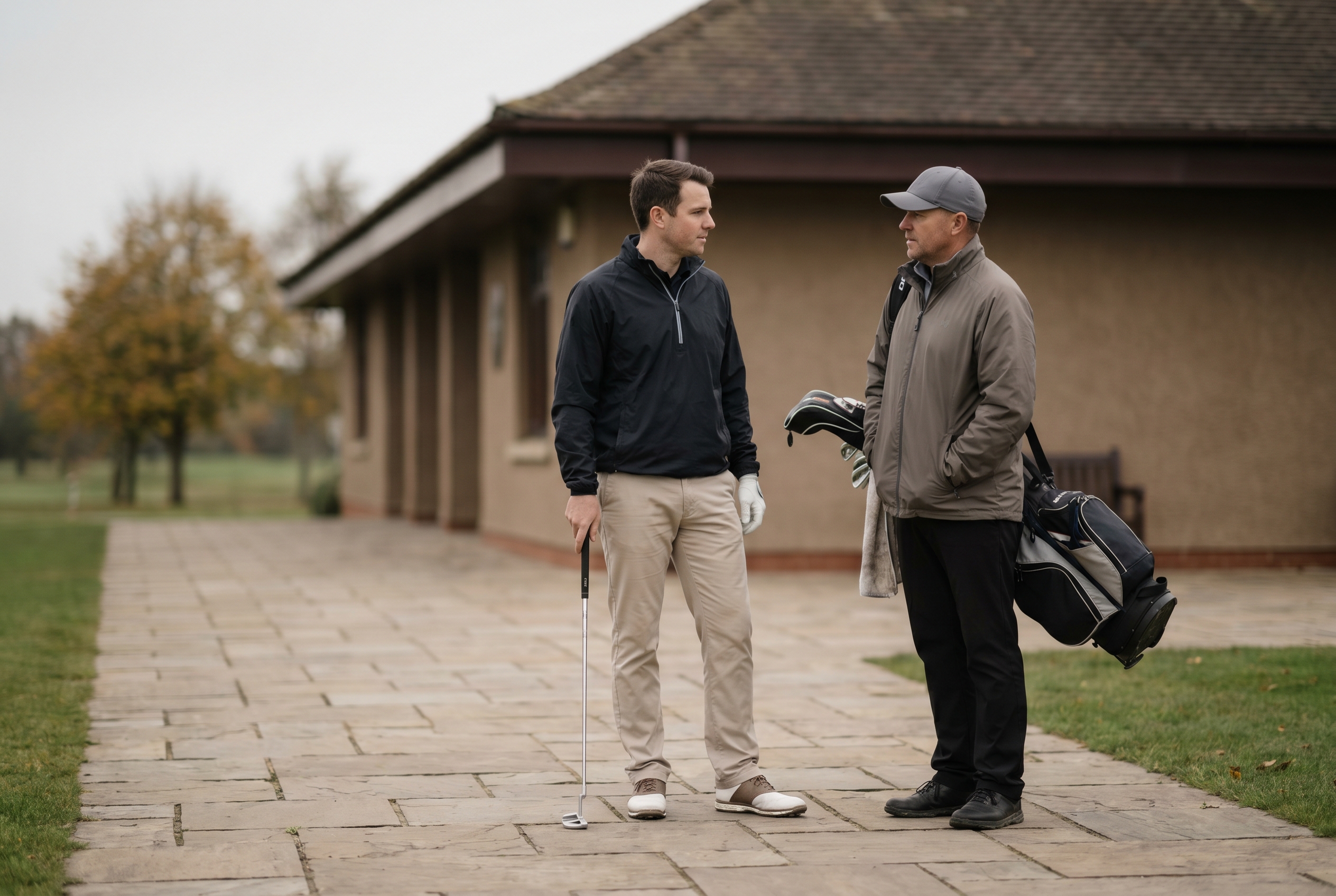 Editorial golf image of a golfer and caddie near a clubhouse walkway
