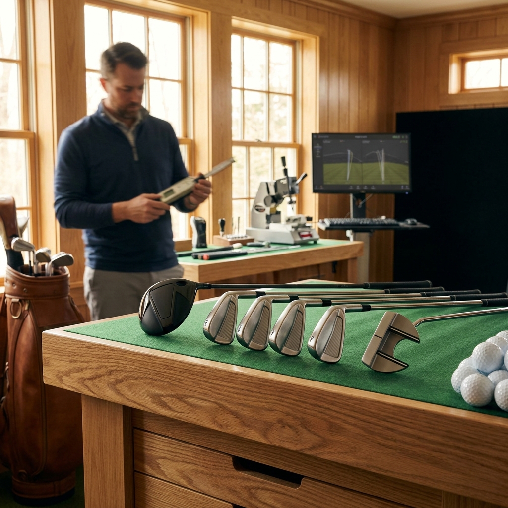 Editorial golf image of a golfer comparing a fairway wood and a long iron beside an open bag.