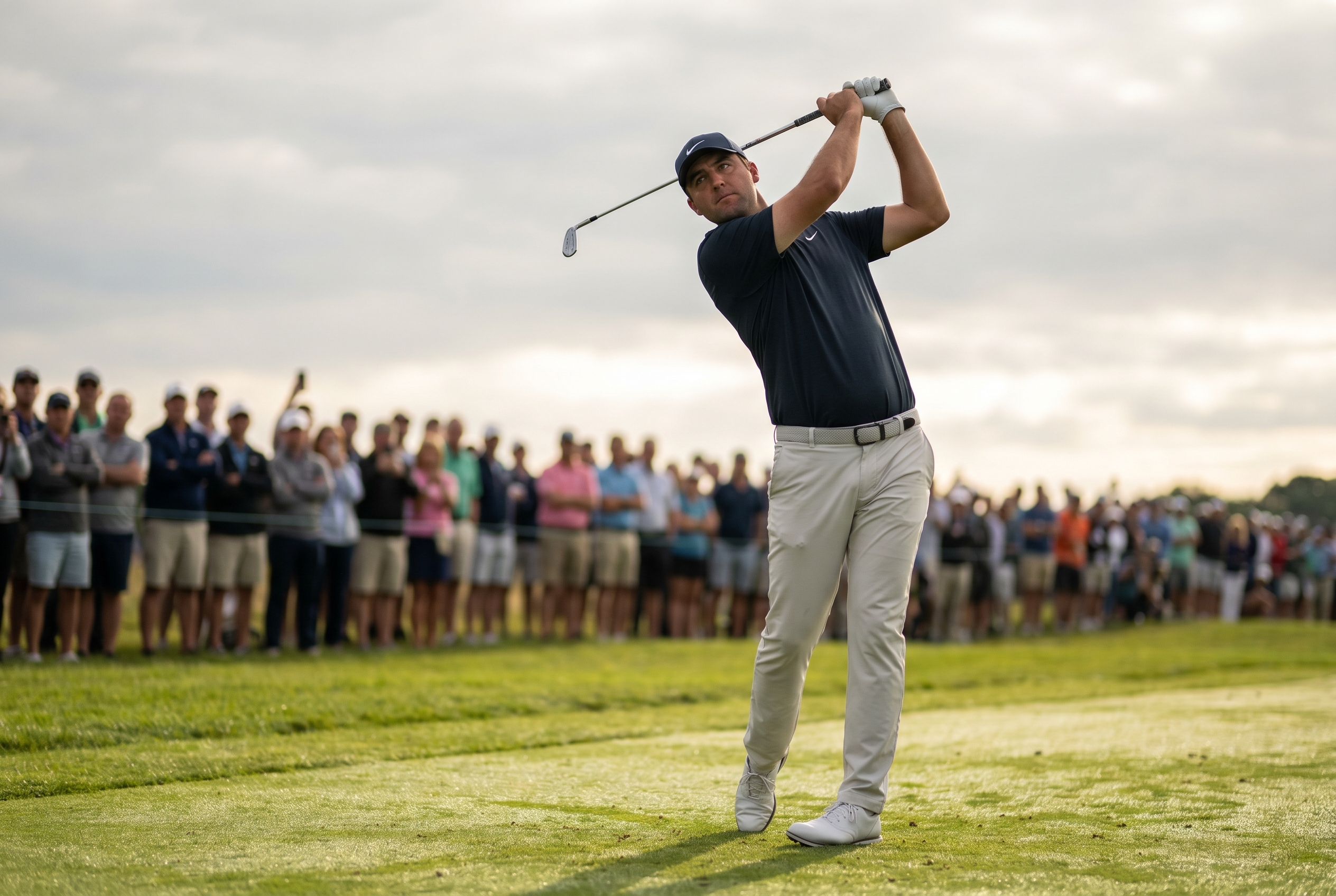 Editorial golf image of Scottie Scheffler in mid-round contention
