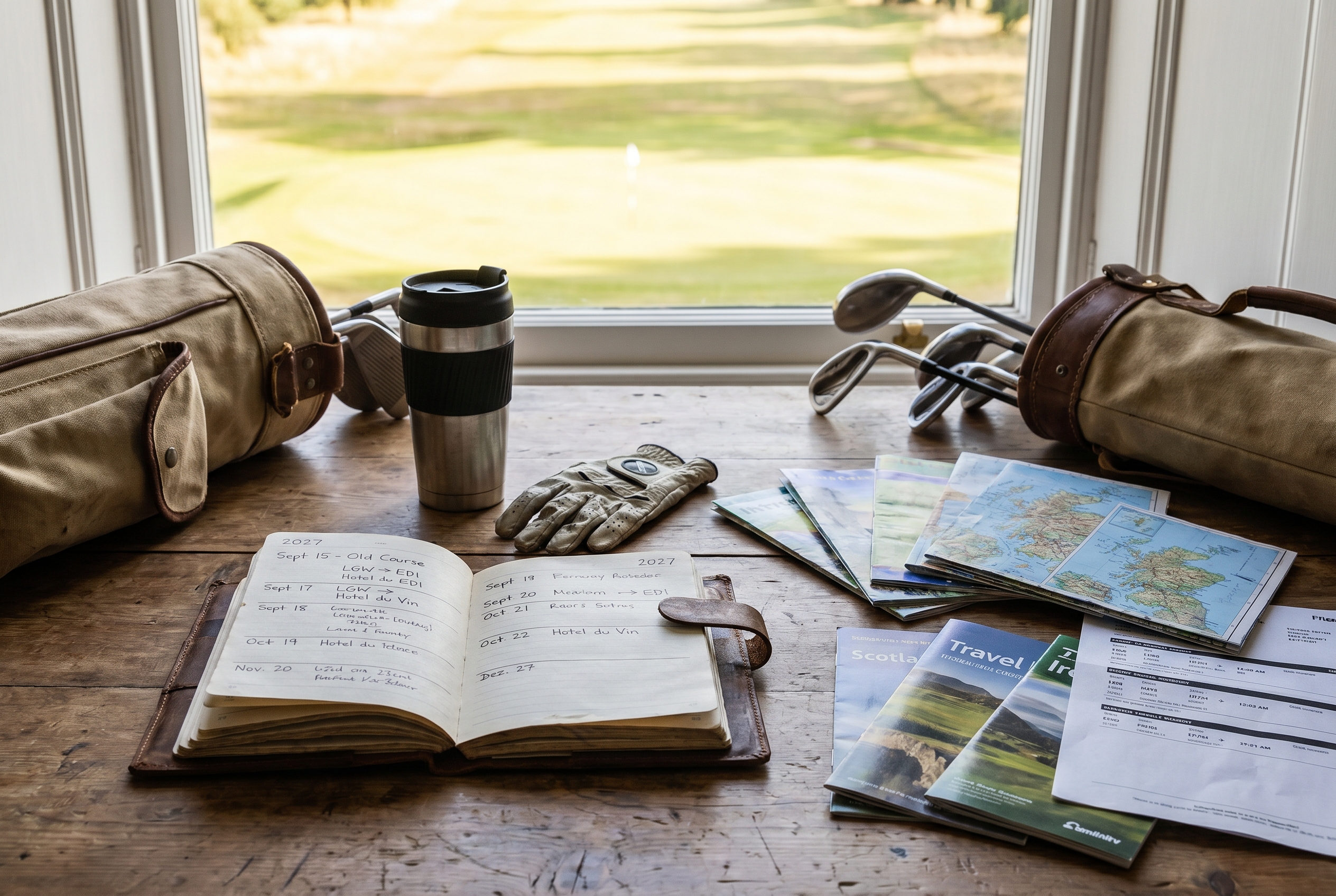 Golf traveler marking up tee times, flights, and hotel options beside a golf bag and travel documents.