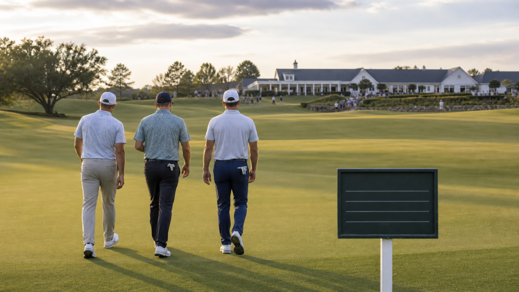 Three anonymous golfers walking past a blank scoreboard on a generic course