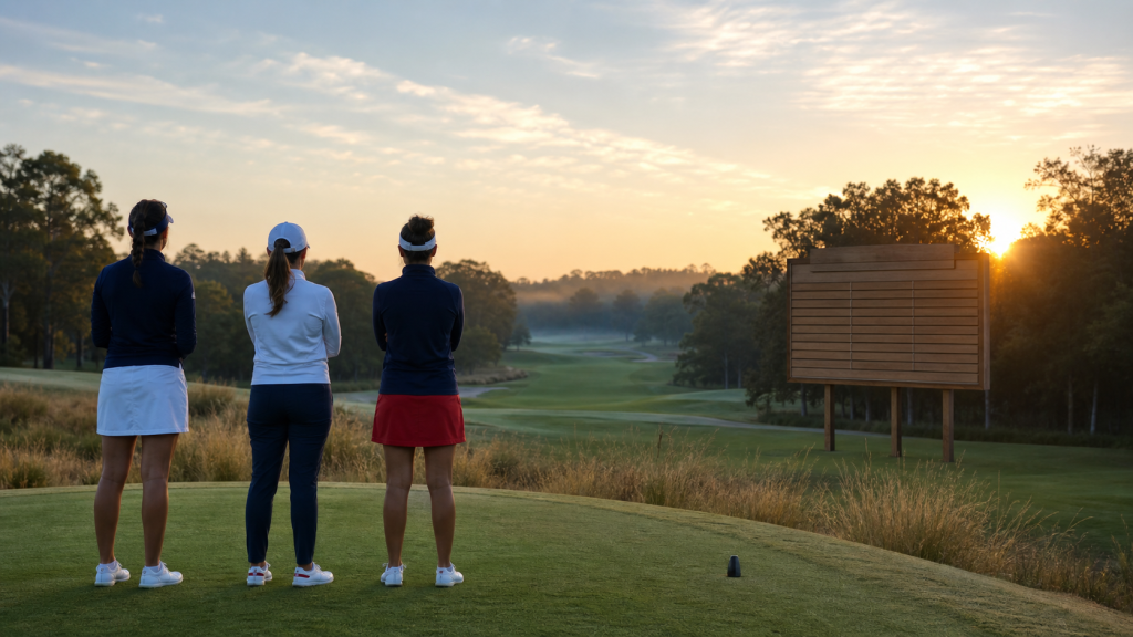Three anonymous women golfers beside a blank standings board at sunrise