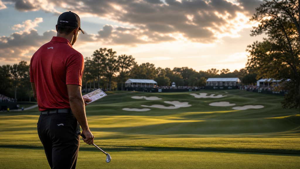 Fairway view toward a guarded green complex with a golfer holding a yardage book and mid-iron