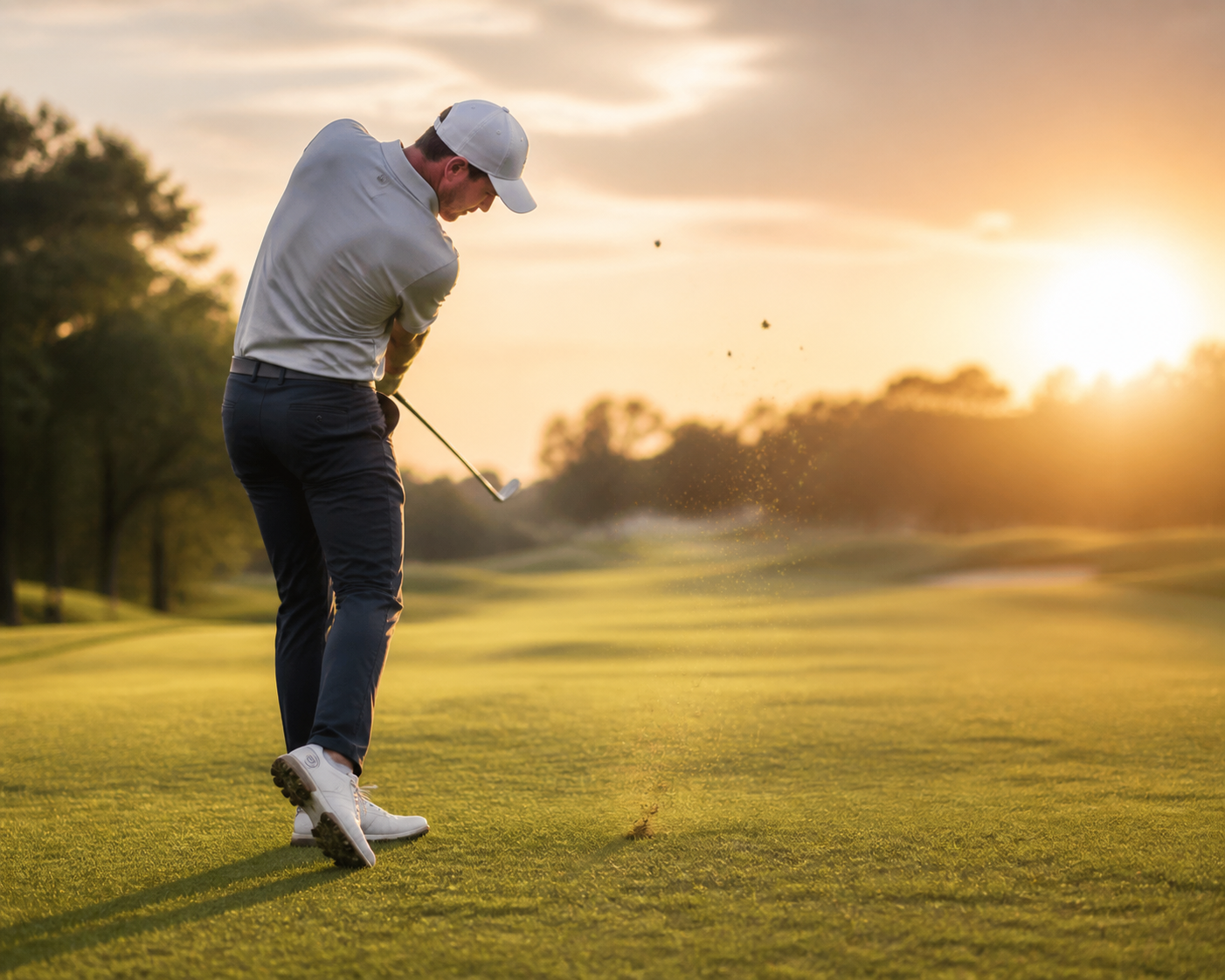 Golfer hitting a crisp iron approach shot from a lush fairway