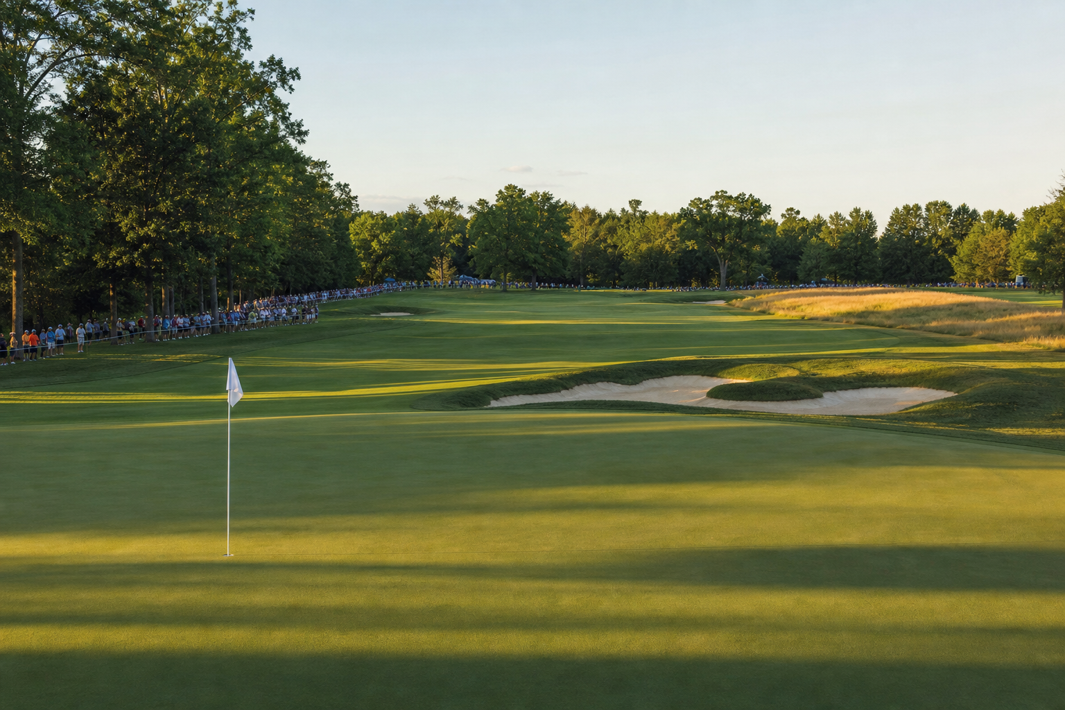 Tree-lined tournament green with spectators behind ropes