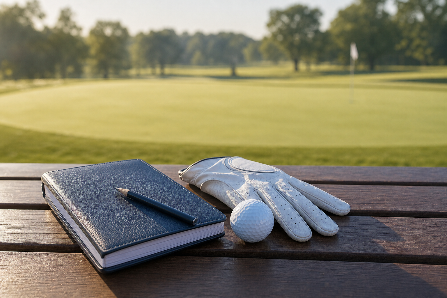 Yardage book, glove, pencil, and golf ball beside a practice green
