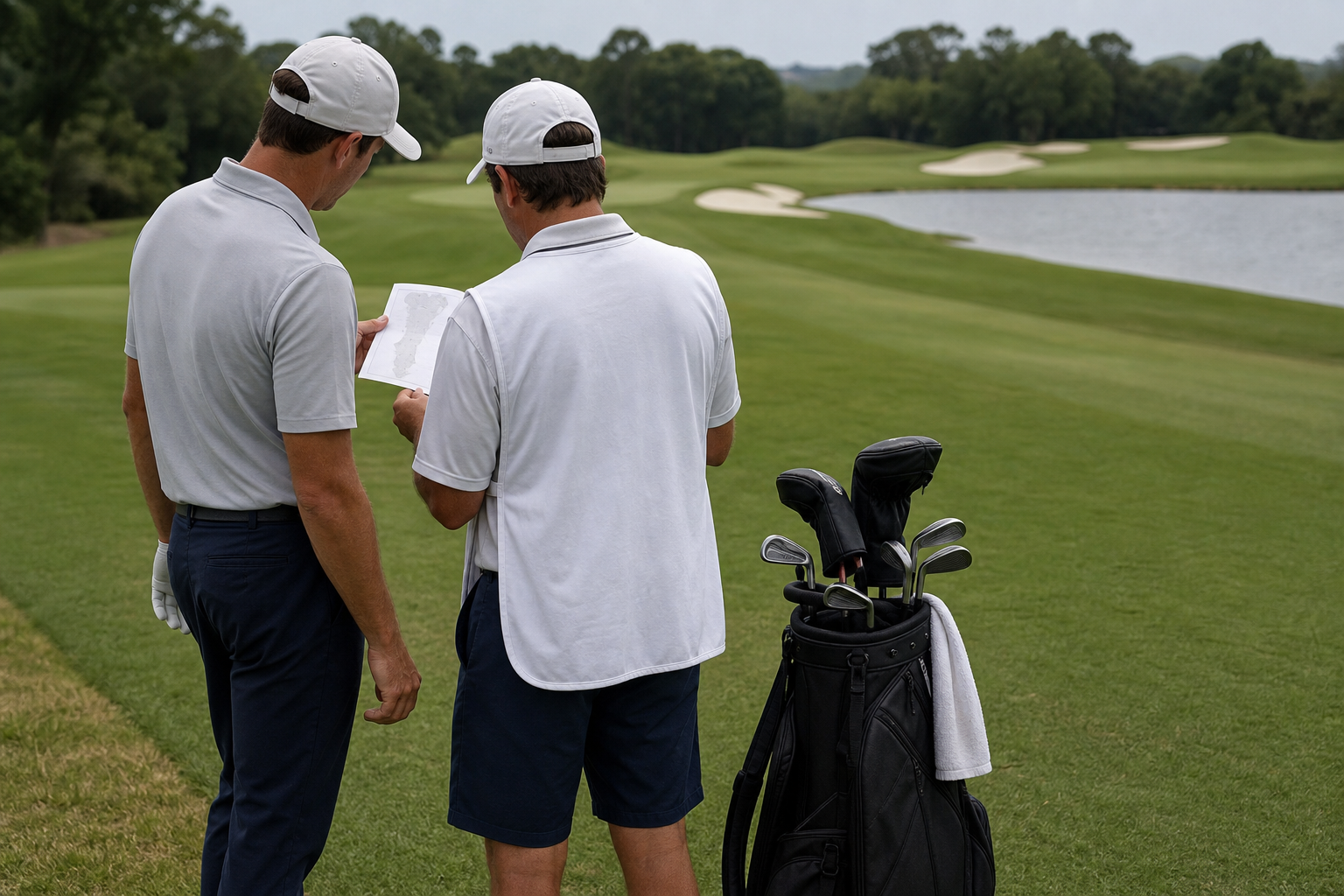 Anonymous golfer and caddie reviewing a yardage book beside an open golf fairway