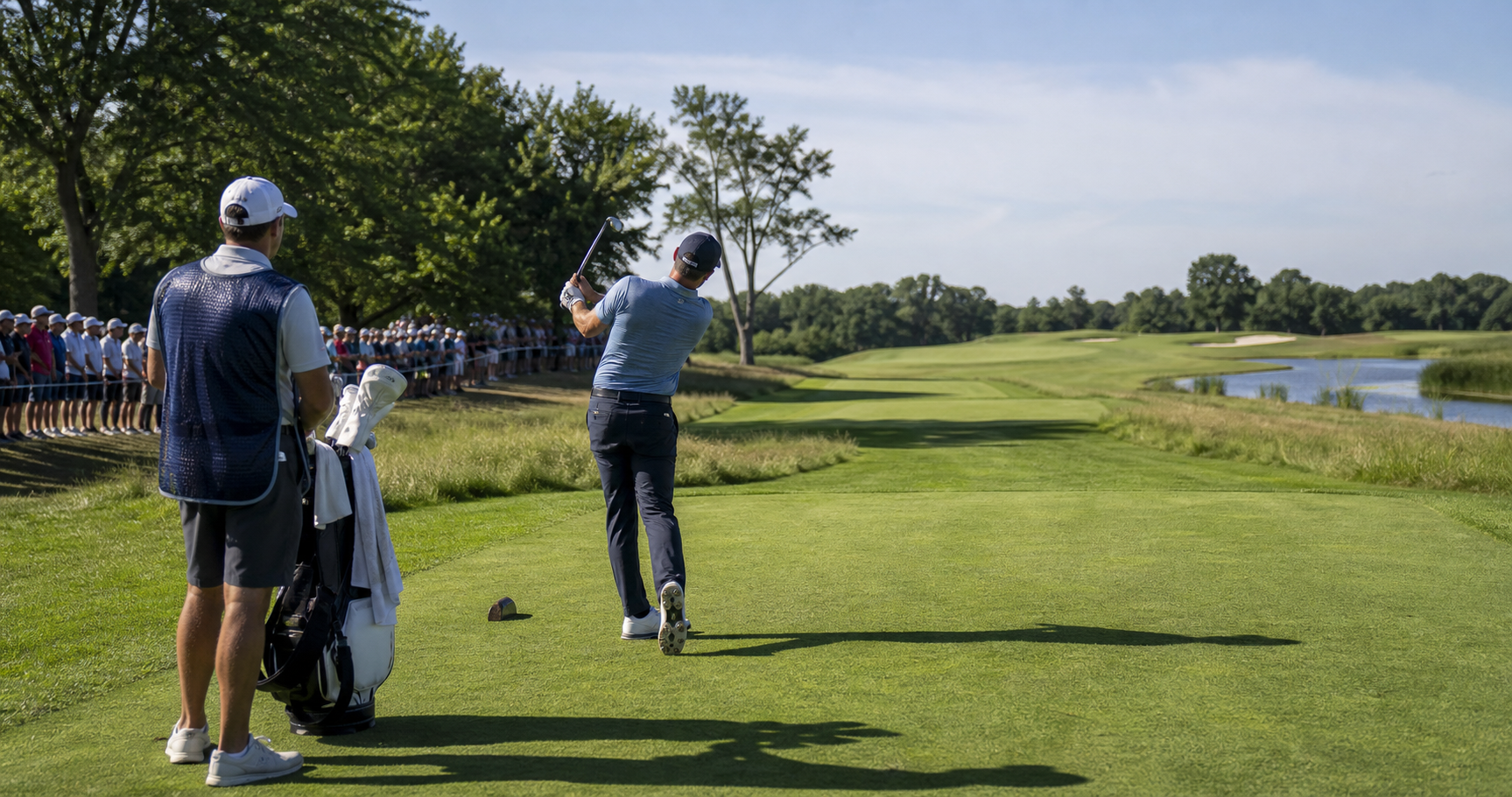 Anonymous golfer playing from a tournament tee with spectators safely behind ropes