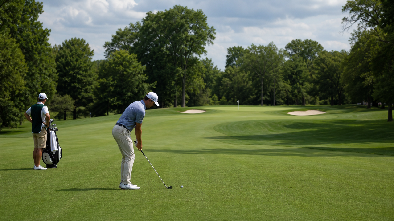 Golfer preparing an approach shot toward an empty green