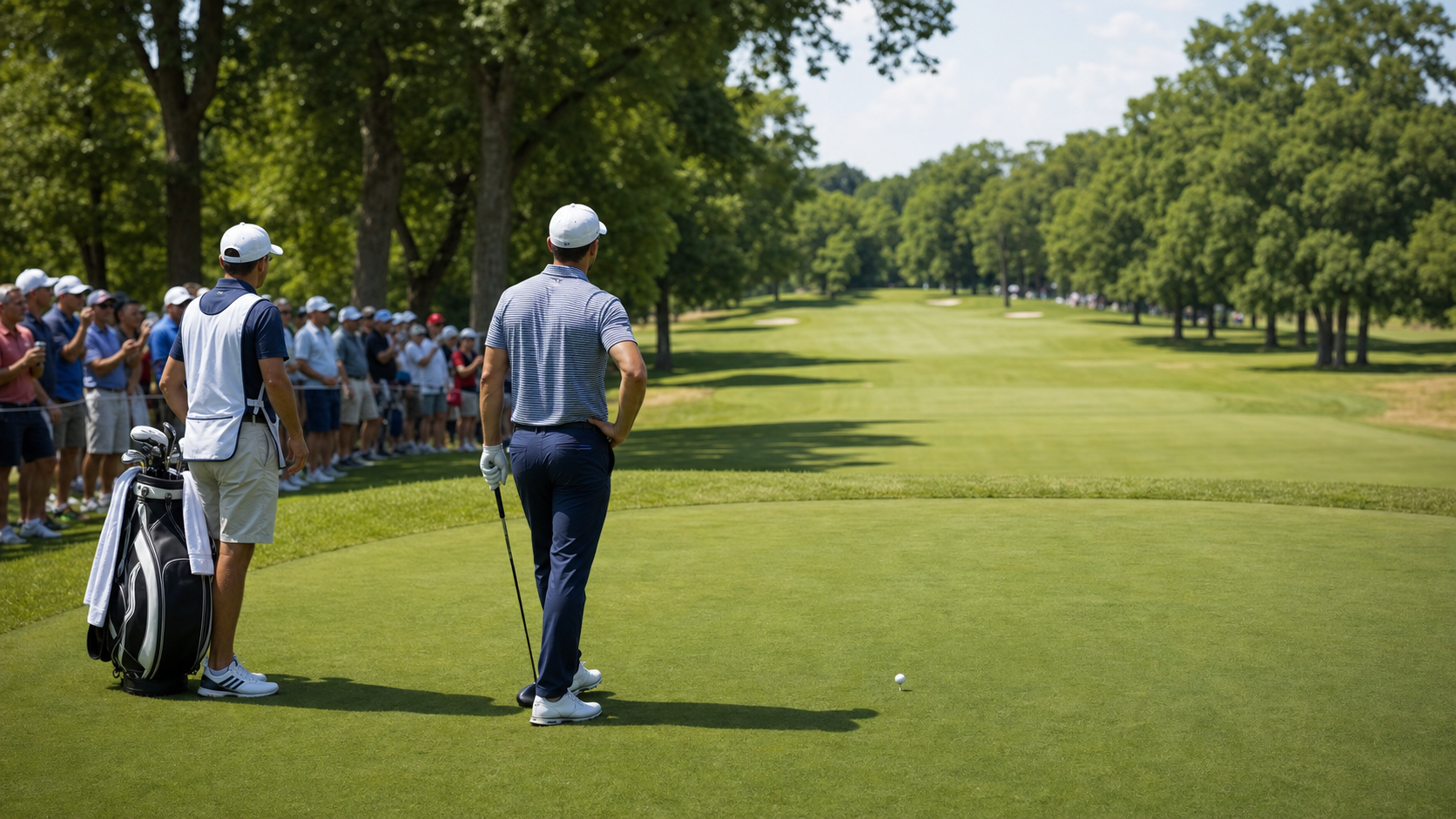 Golfer and caddie looking down an open fairway during a tournament round