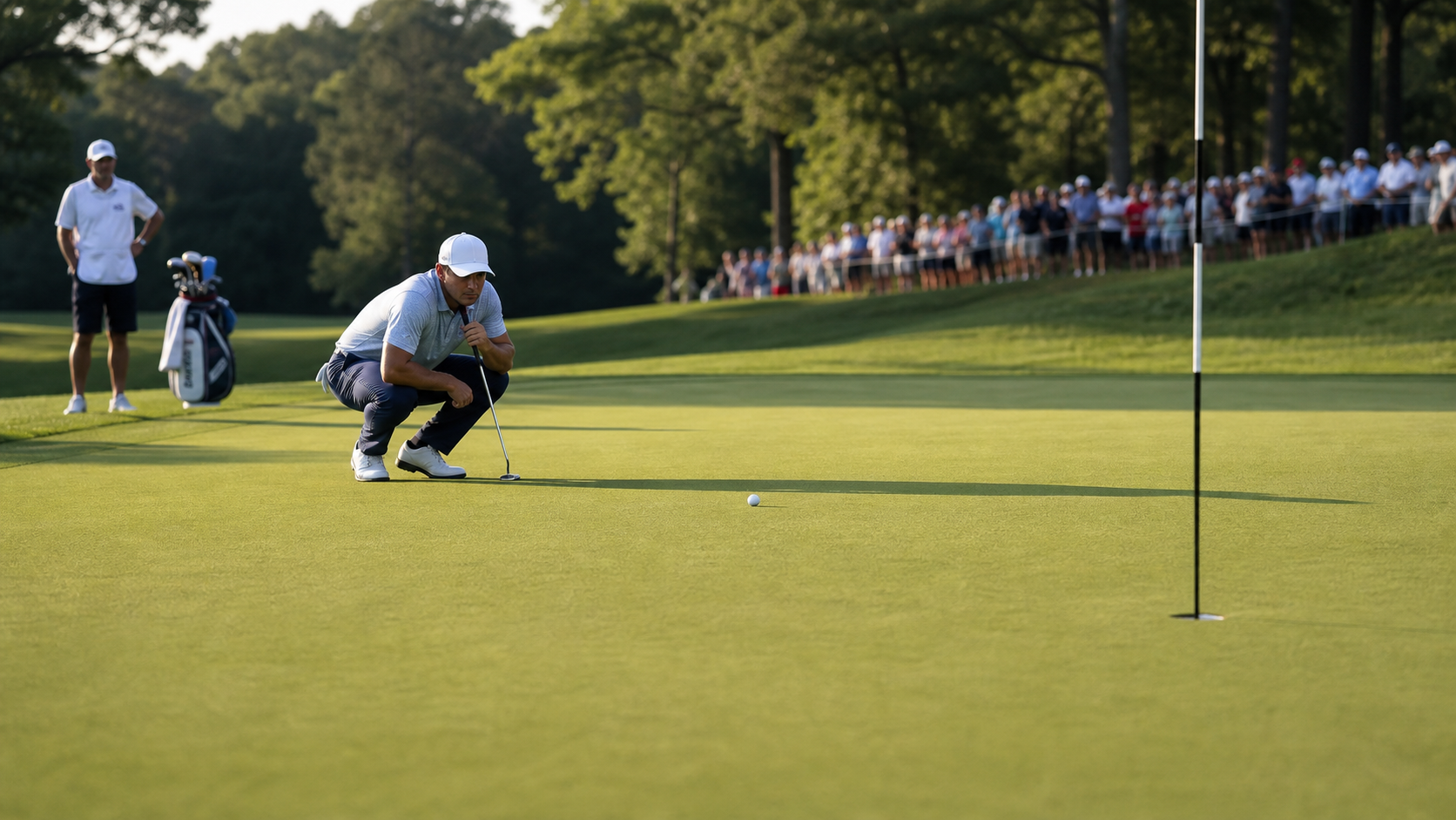 Golfer reading a putt with the putting line clear