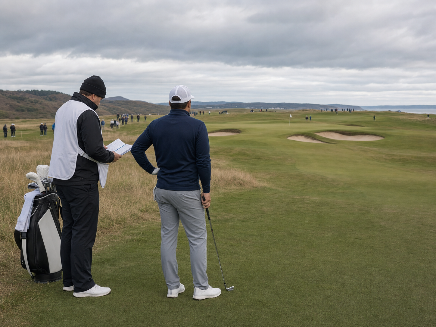 Anonymous golfer and caddie studying a yardage book on a links-style golf course
