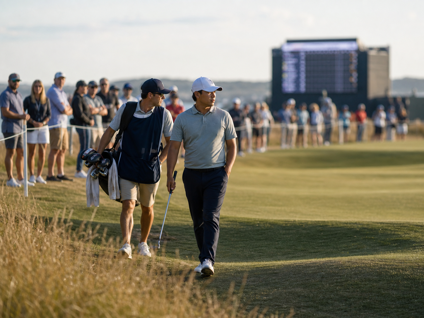 Anonymous golfer and caddie walking near a roped gallery with a blurred leaderboard in the distance