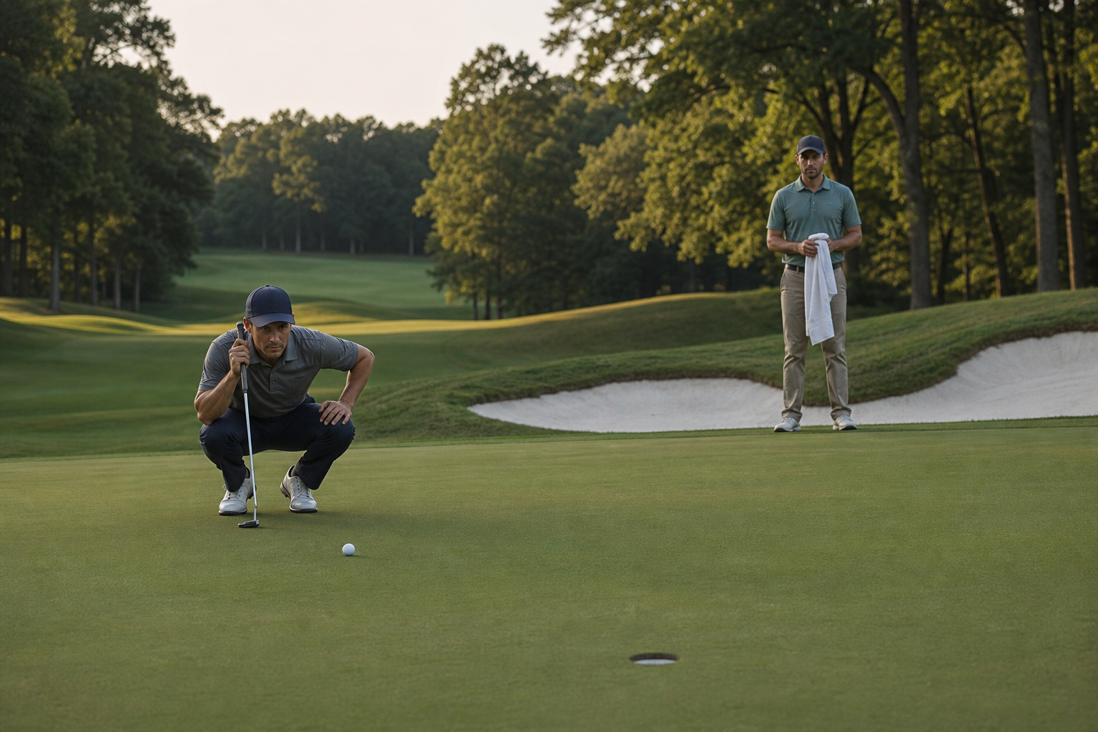 An anonymous golfer reading a putt on a fast parkland green with a caddie safely behind