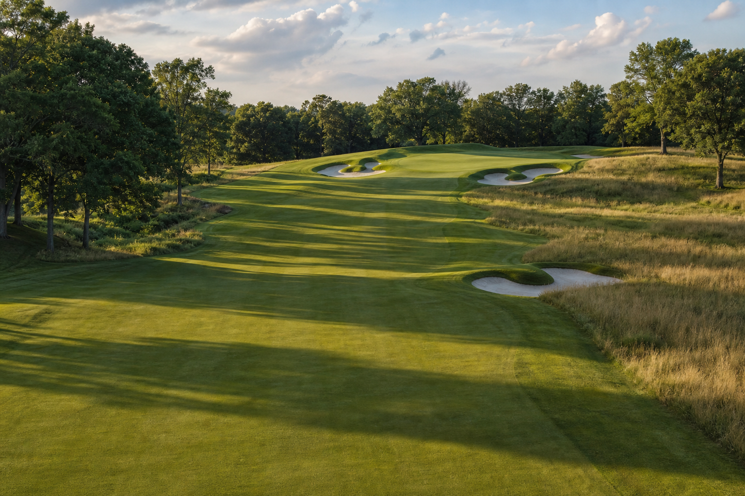 An empty, tree-lined par-4 fairway with strategic bunkers and fescue