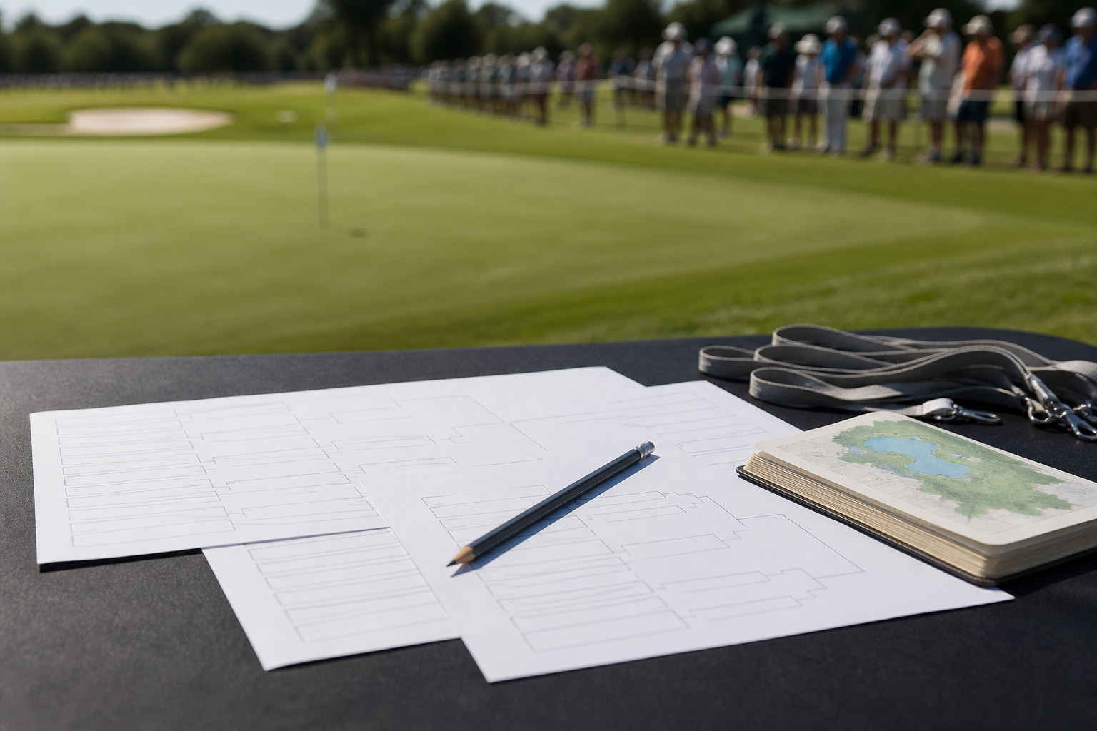 Tournament bracket concept on a yardage book beside a golf ball