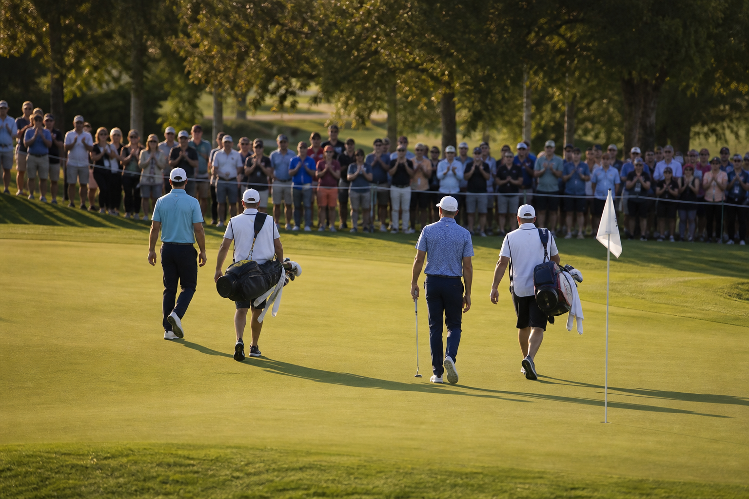 Professional golfers walking near a closing green with spectators behind ropes